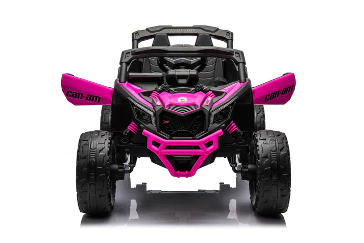 Front view of a pink Licensed Can-Am Maverick 24V kids ride-on UTV car with open doors and black seat