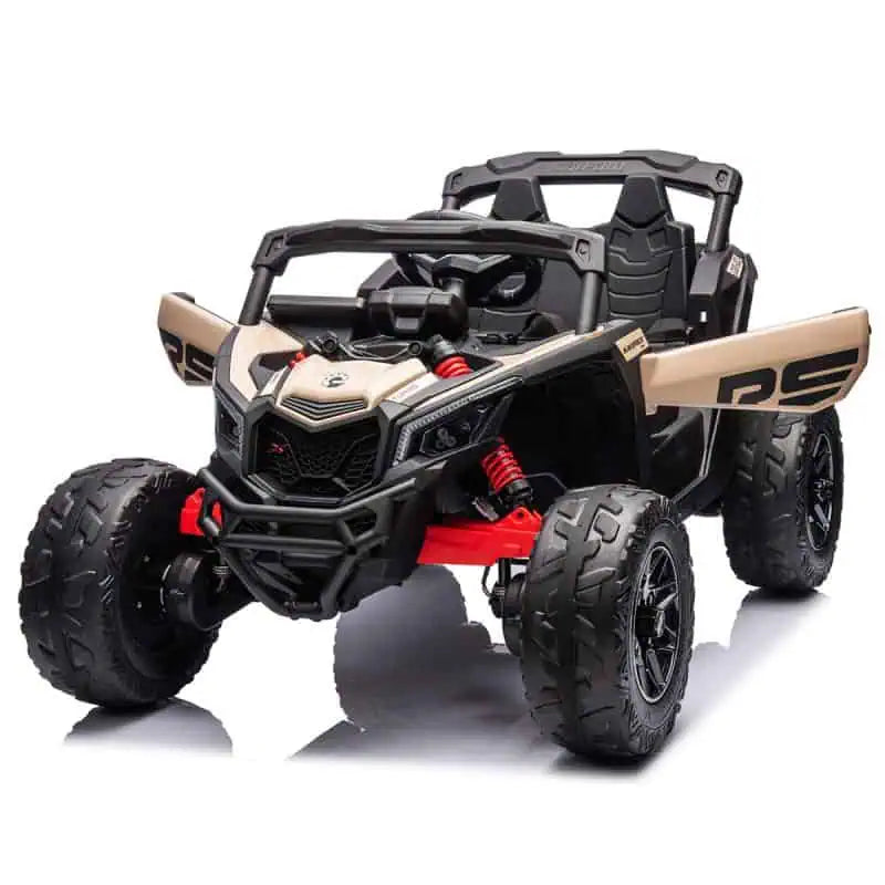 Licensed Can-Am Maverick 24V black kids ride-on UTV car with 4WD, EVA tires, suspension, and single seat for ages 3 to 8.