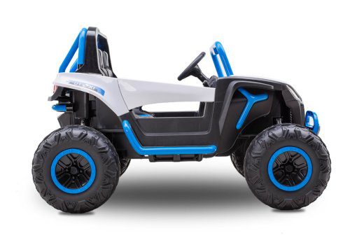 Blue 24V electric kids ride-on UTV buggy with two seats, chunky tires, and off-road design for ages 3 and up.