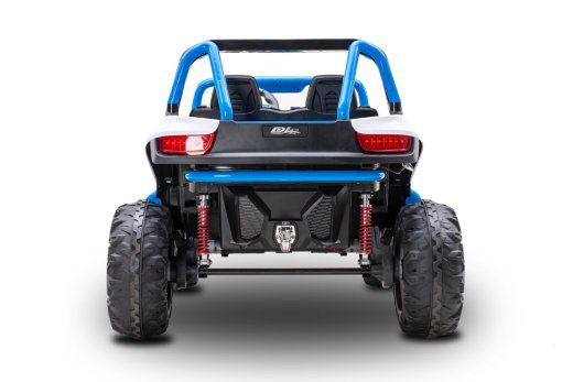 Rear view of a blue 24V kids ride-on UTV buggy with two seats and chunky off-road tires