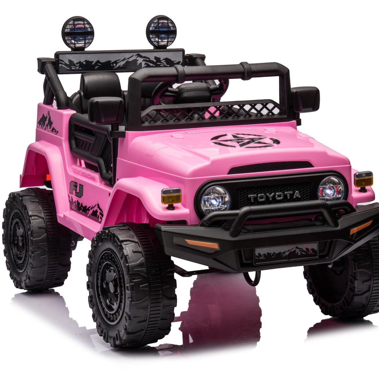 Pink Toyota FJ Cruiser licensed 12V electric ride-on toy car for kids with rugged tires and realistic details