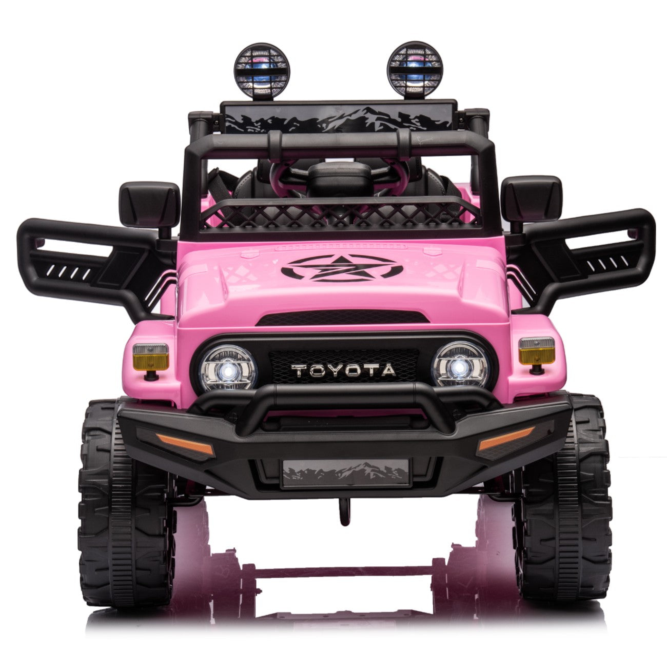 Pink Toyota FJ Cruiser 12V licensed electric ride-on toy car for kids with functional doors and off-road design.
