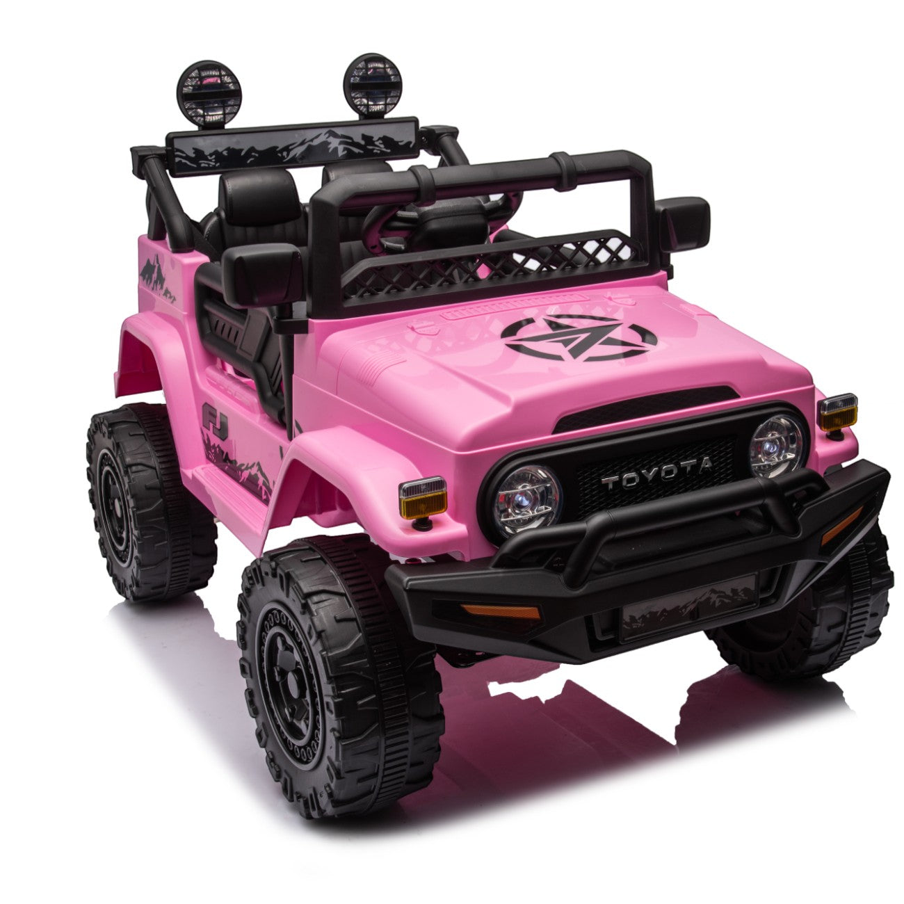 Pink Toyota FJ Cruiser licensed electric 12V ride-on toy car for kids with off-road design and realistic features.