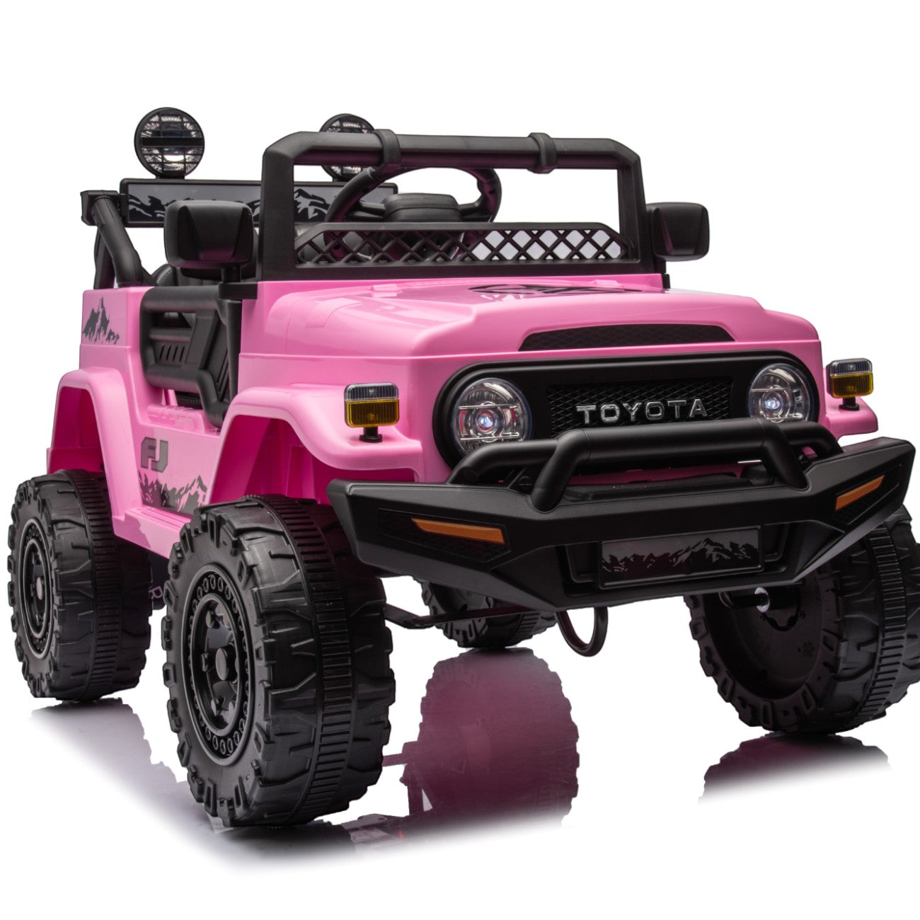 Pink Toyota FJ Cruiser licensed 12V electric ride-on toy car for kids with off-road design and large rugged tires
