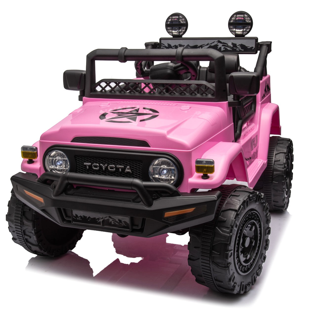 Pink Toyota FJ Cruiser 12V electric ride-on toy car for kids with realistic SUV design and off-road features.