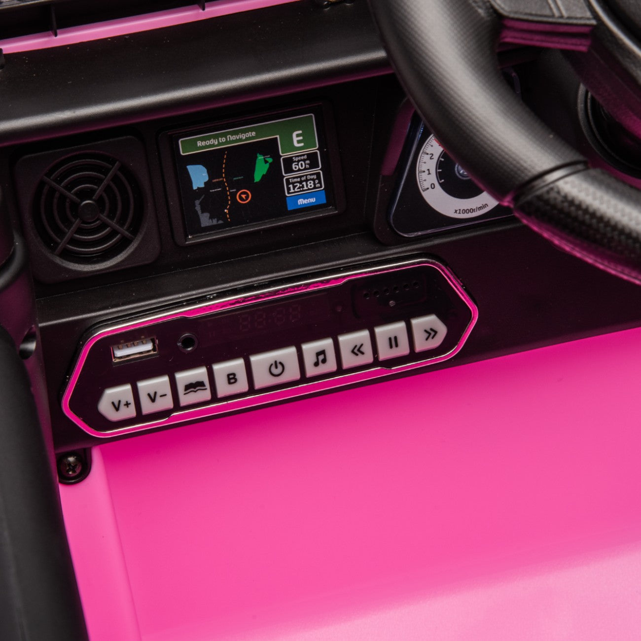 Control panel with buttons and screen of pink Toyota FJ Cruiser licensed electric toy car for kids ride on