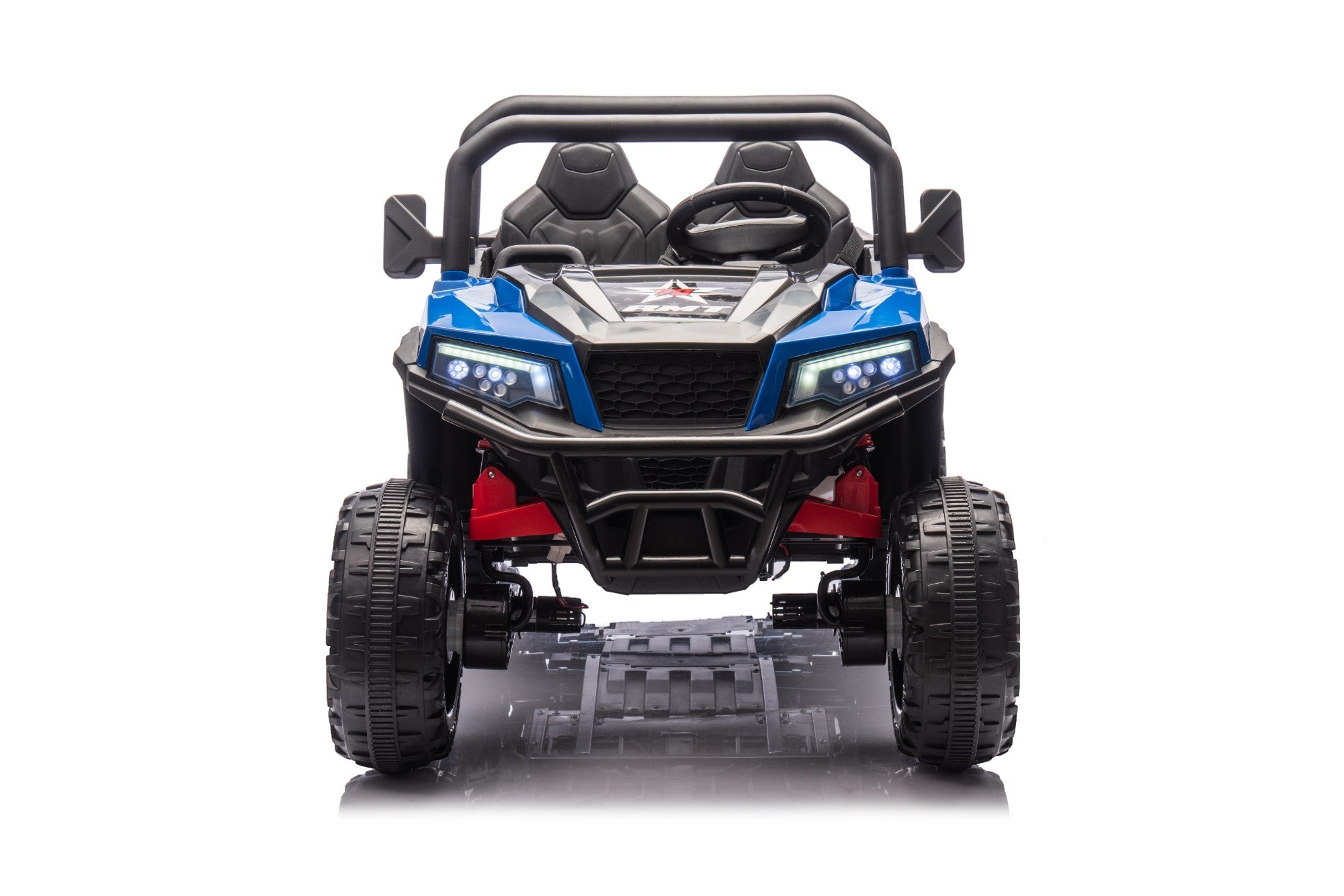 Front view of the MC Wholesalers 24V Blue Kids Ride-On Dump Truck – 6-Wheel Electric Tipper, featuring large rugged tires, two seats, steering wheel, LED headlights, and roll bar, shot against a white background.