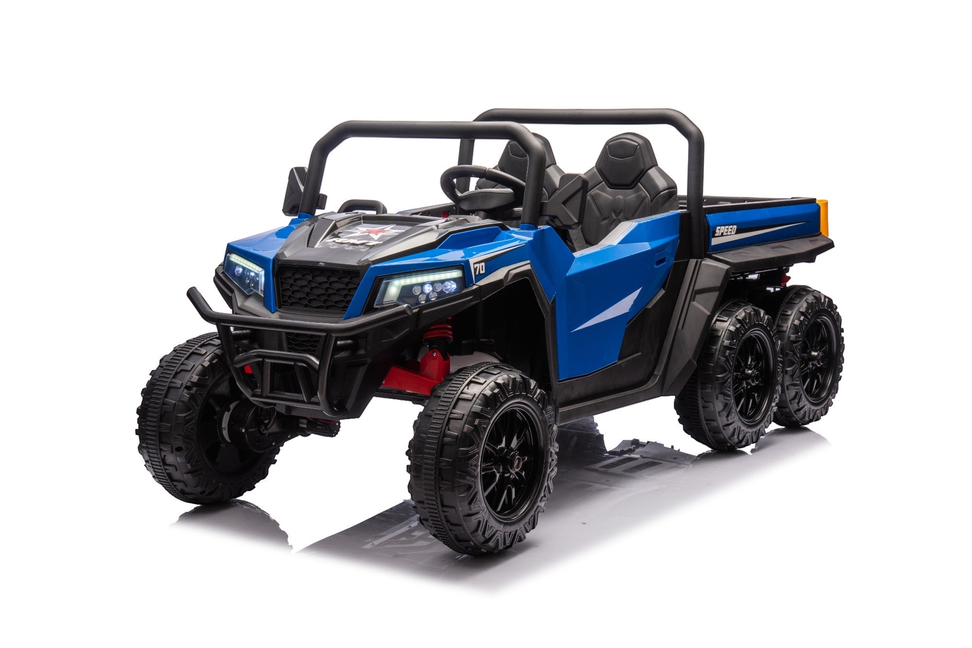 The MC Wholesalers 24V Blue Kids Ride-On Dump Truck is a 6-wheel electric tipper with rugged tires and roll cage, styled like an off-road utility vehicle for kids.