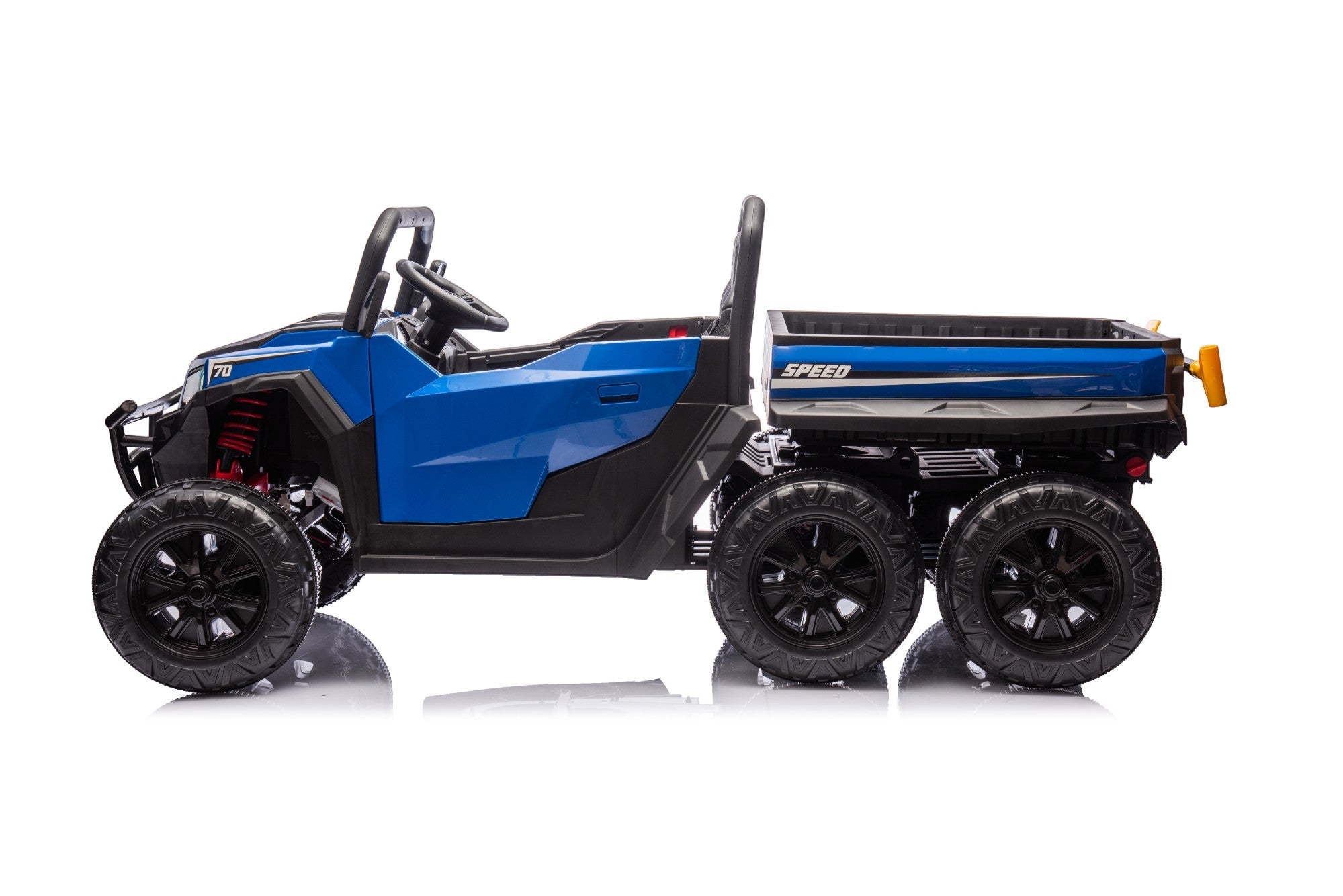The MC Wholesalers 24V Blue Kids Ride-On Dump Truck is a 6-wheel electric tipper with black wheels and a small dump bed, shown in side profile on a white background.
