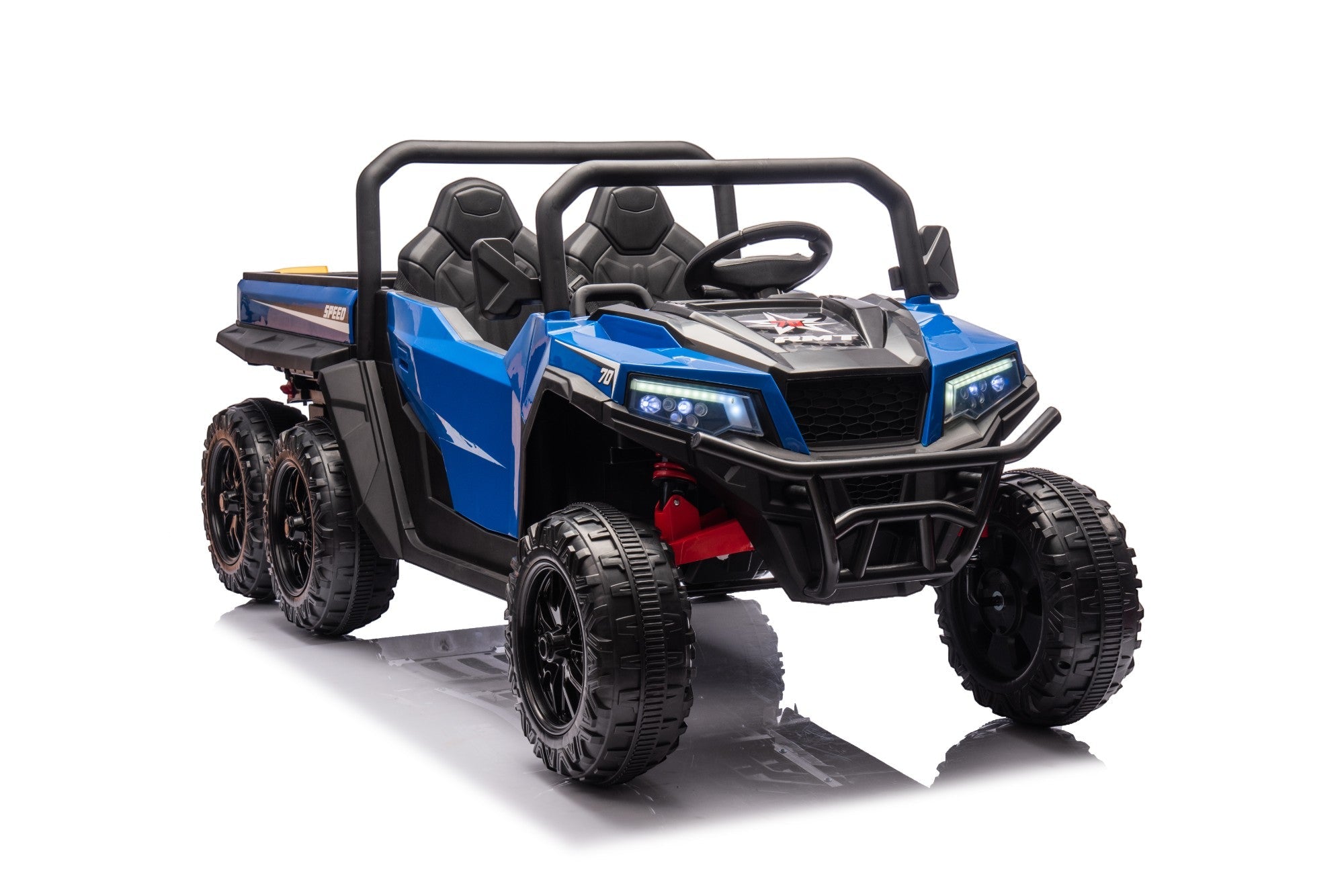 The MC Wholesalers 24V Blue Kids Ride-On Dump Truck – 6-Wheel Electric Tipper features black seats, off-road tires, LED headlights, and a roll cage. Shown against a white background.