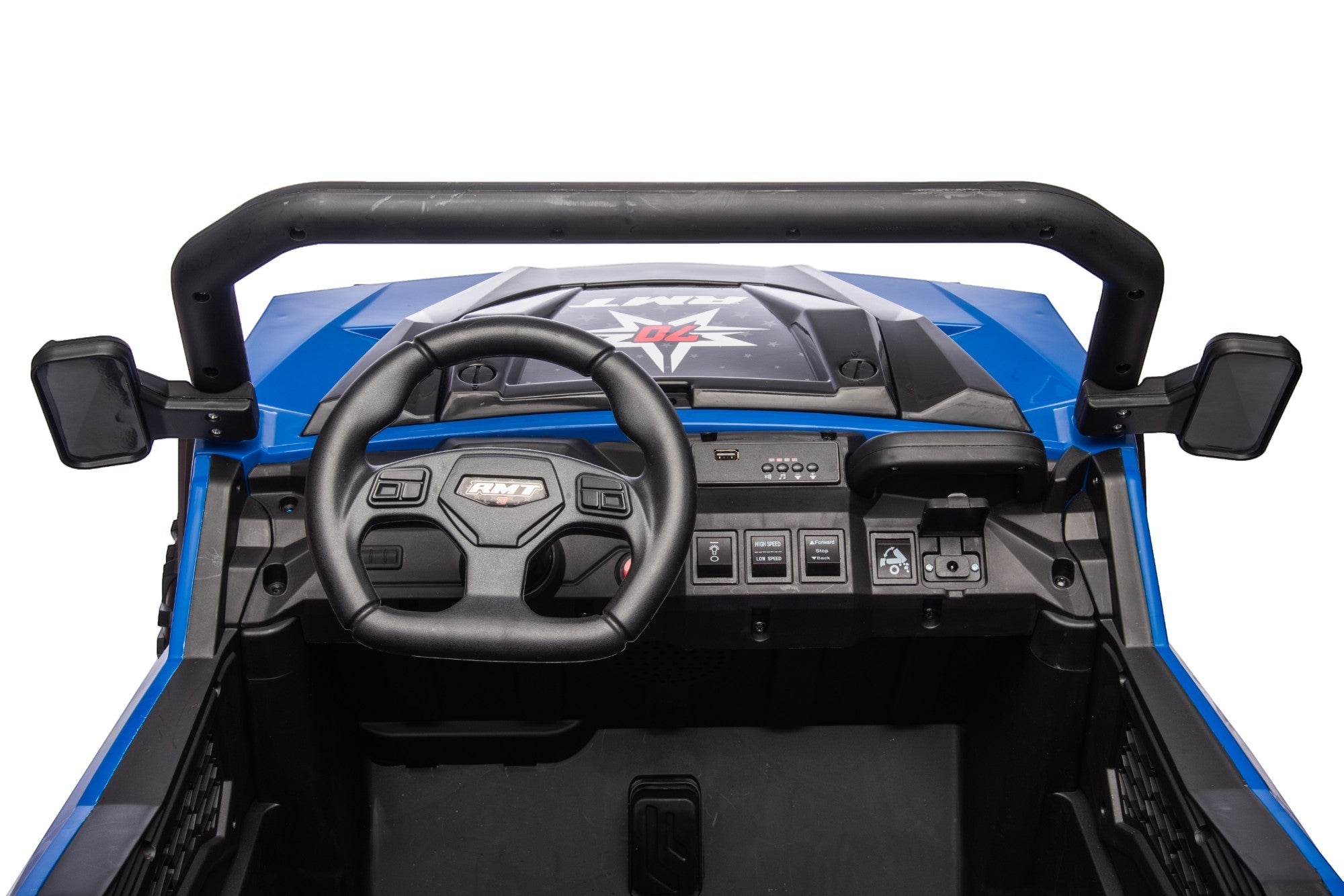 The image shows the interior of the MC Wholesalers 24V Blue Kids Ride-On Dump Truck – 6-Wheel Electric Tipper, featuring a black steering wheel, dashboard controls, rearview mirrors, and a protective roll bar.