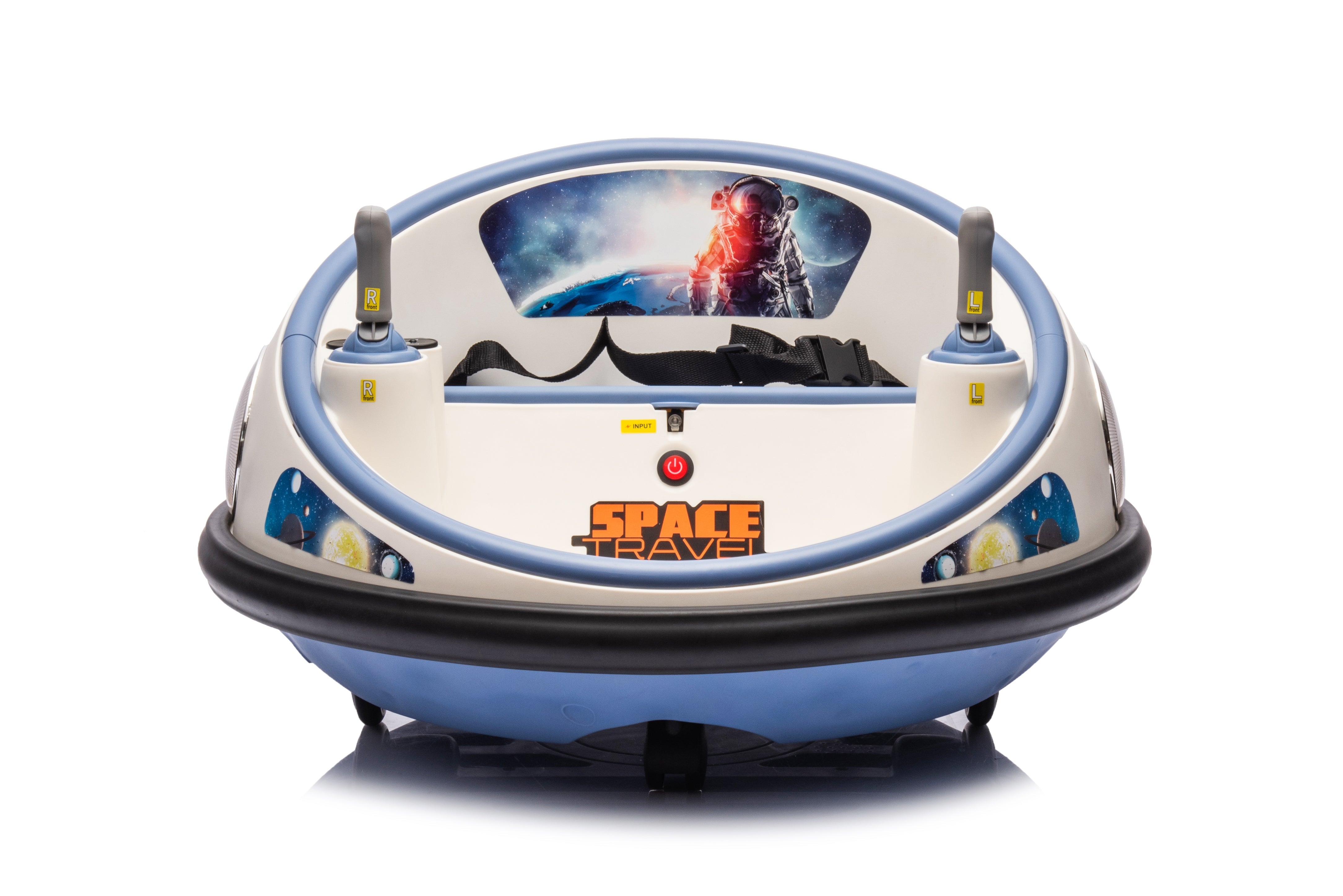 Blue and white kids bumper car with joystick controls, space-themed design, and rubber safety bumper ring