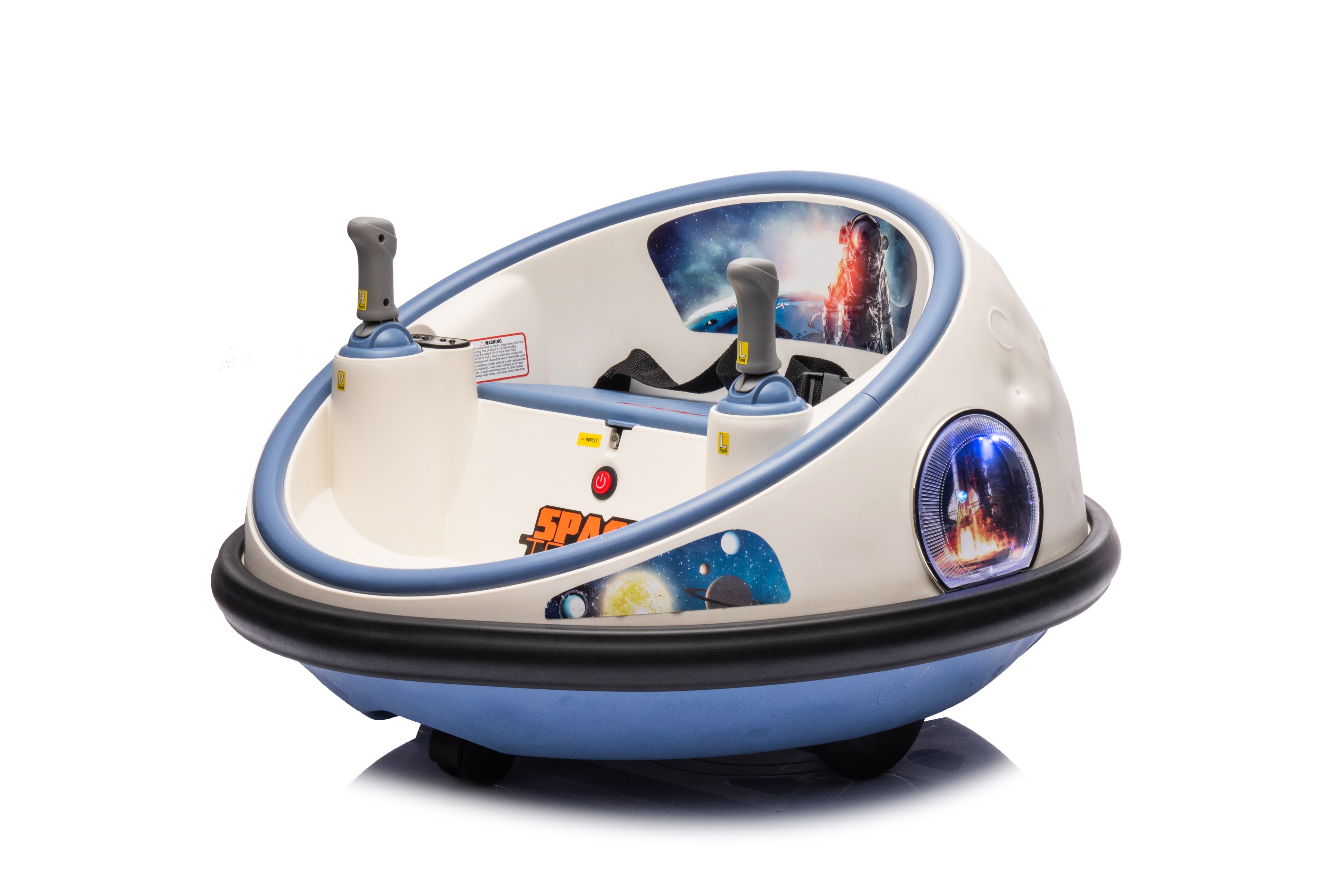 12V white kids bumper car with space-themed decals, joystick controls, rubber bumper, and glowing LED lights