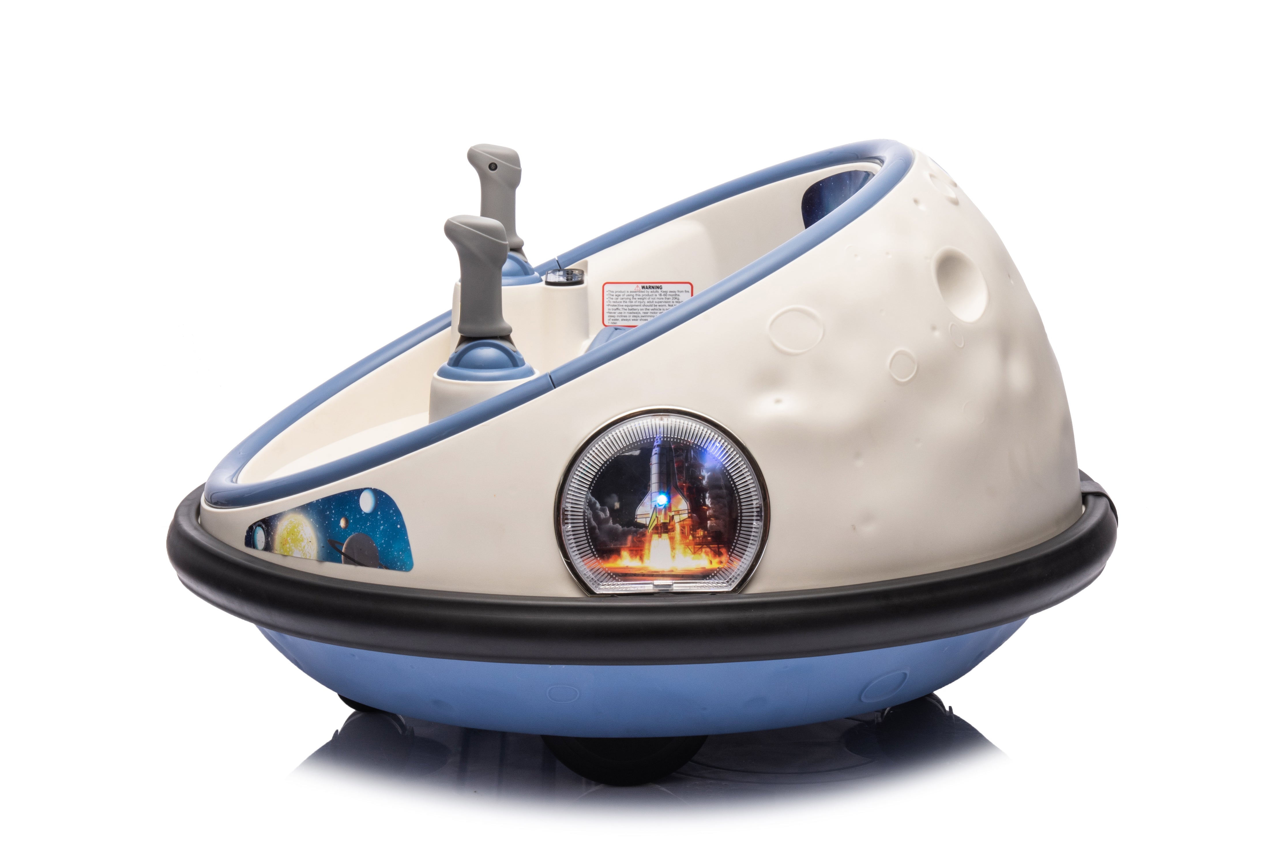 12V white kids bumper car with joystick control, LED lights, and rubber bumper, designed for safe indoor and outdoor play.