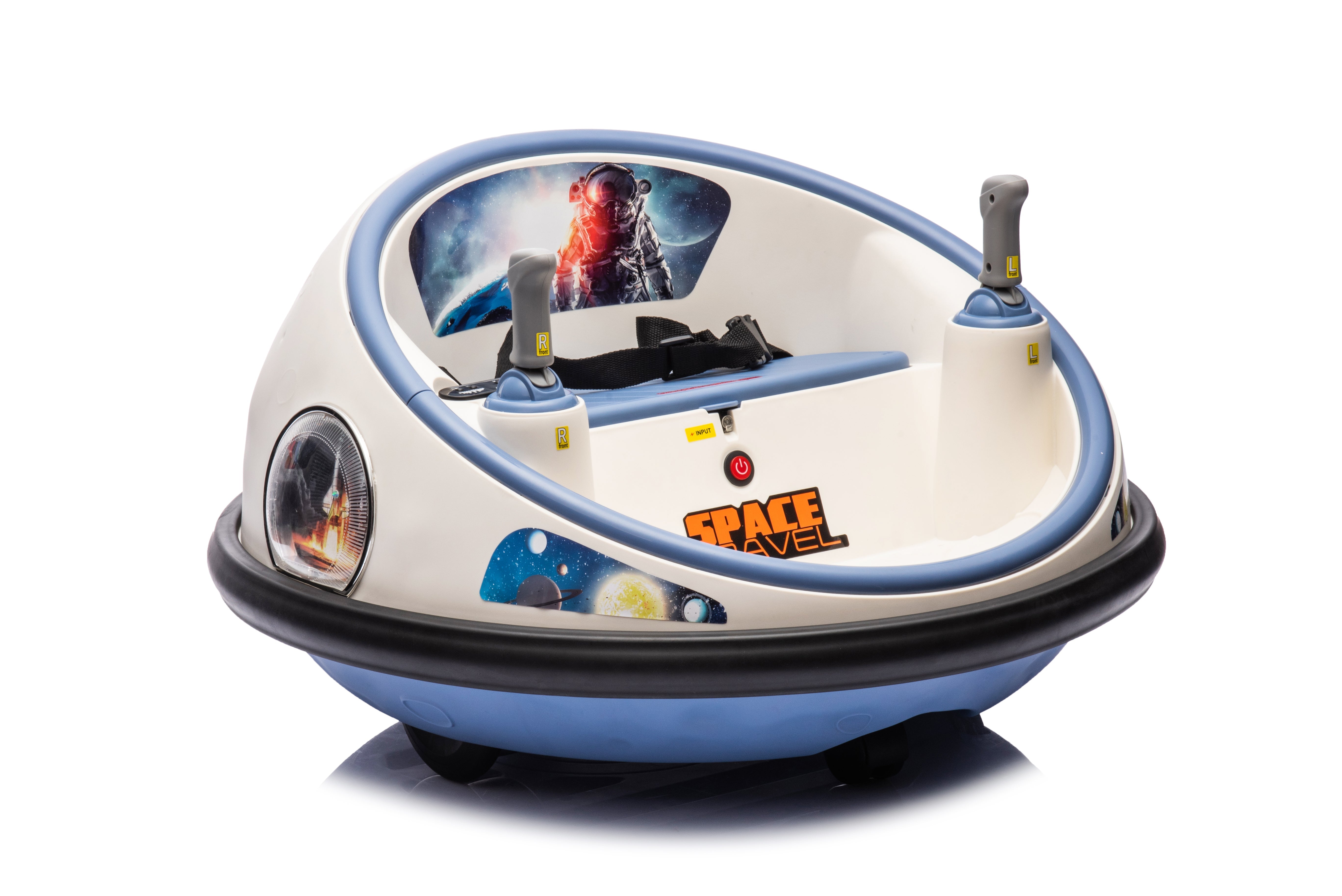 12V white kids bumper car with space-themed decals, joystick controls, and black rubber safety bumper ring