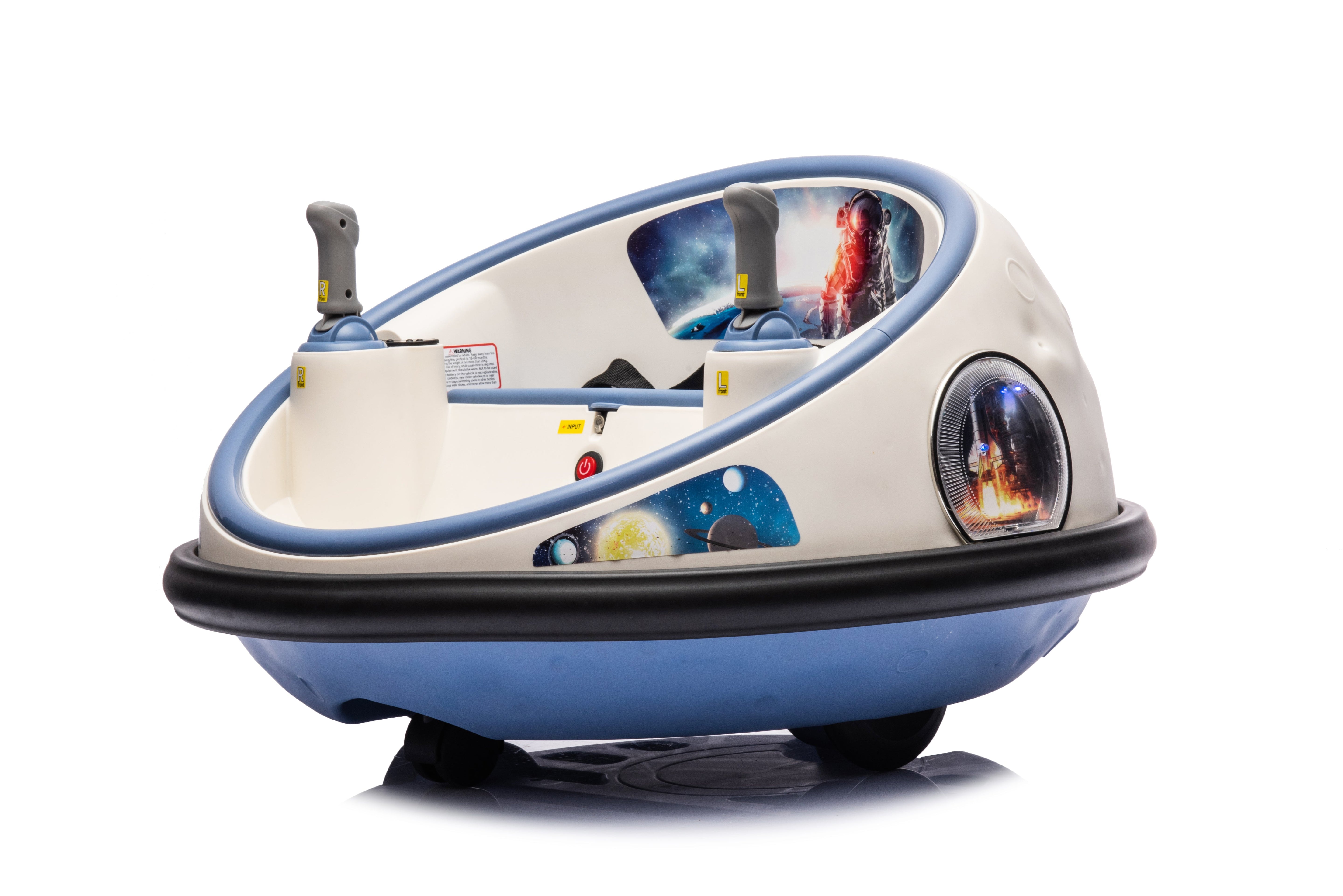 12V white kids bumper car with joystick controls, LED lights, rubber bumper, and space-themed decals on a blue base