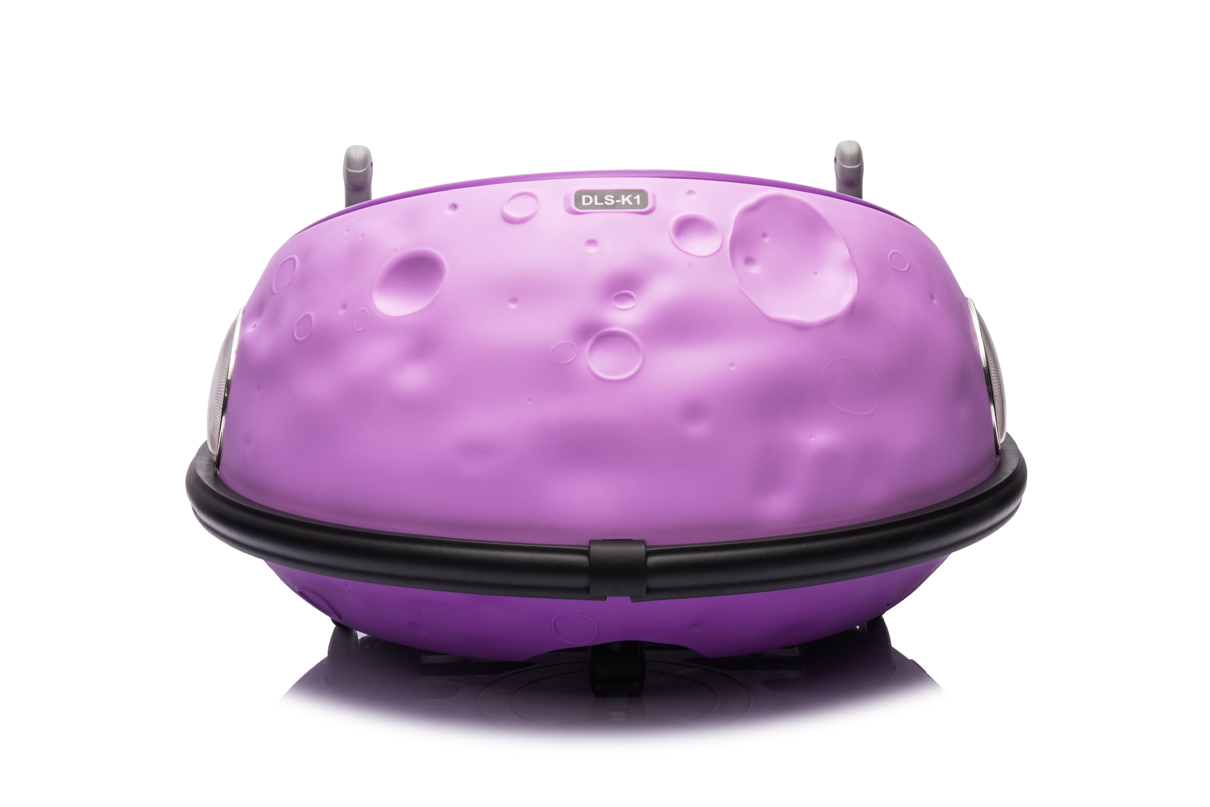 Front view of a purple 12V kids electric bumper car with a protective rubber bumper ring and textured surface.
