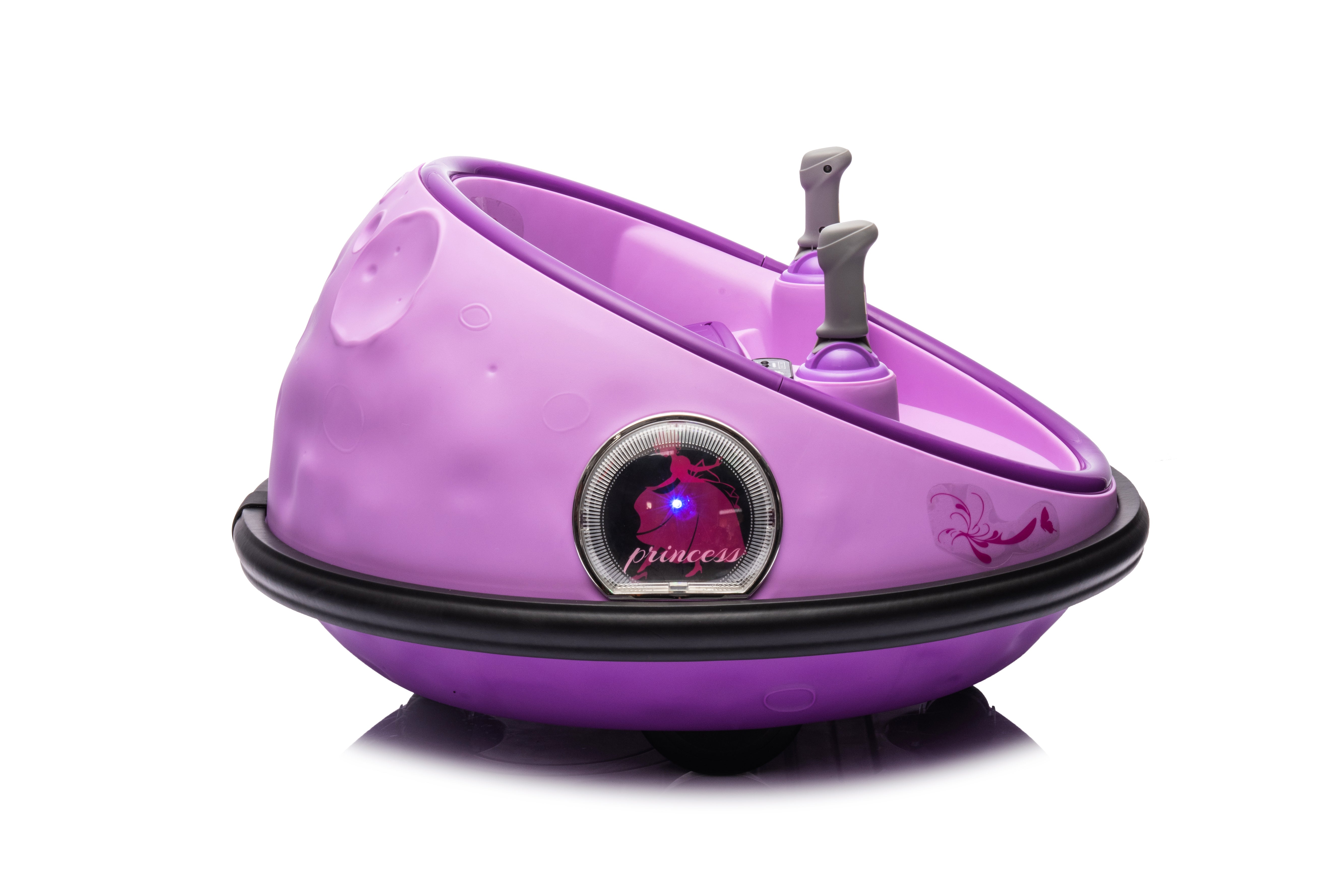 Purple 12V kids electric bumper car with dual joystick controls and safety rubber bumper ring for indoor play.