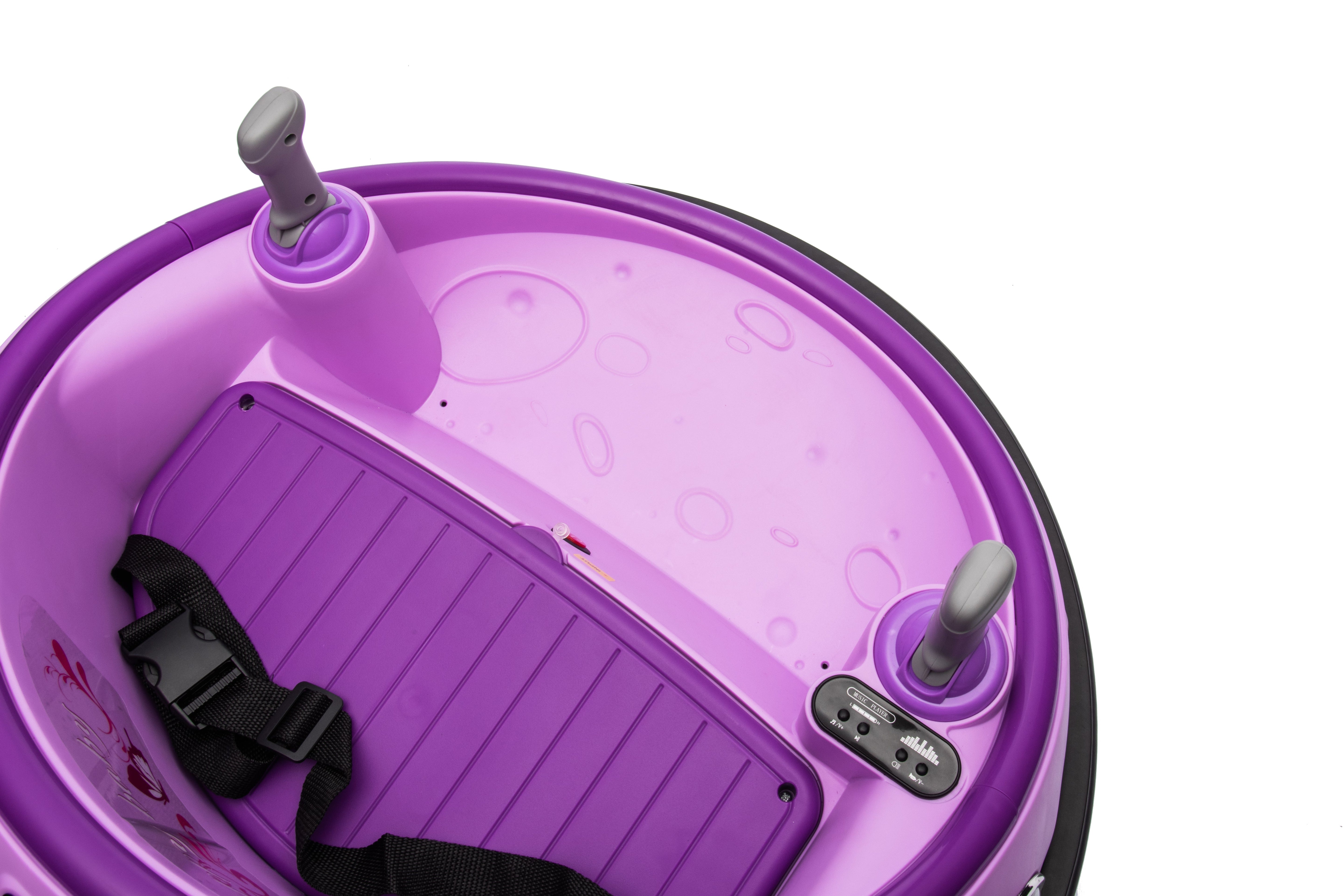 Top view of purple 12V kids electric bumper car showing joysticks, seatbelt, and control panel.