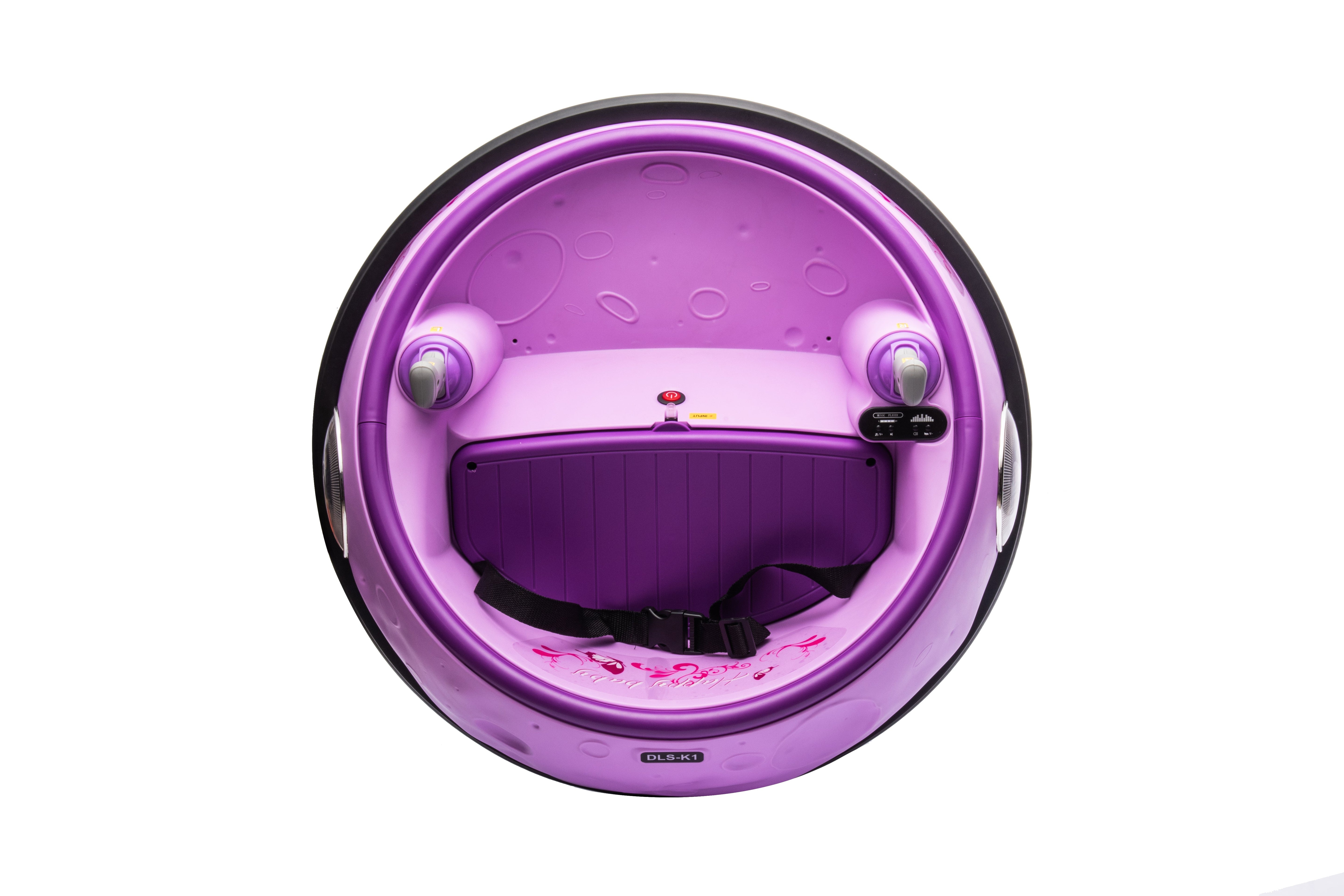 Purple 12V electric kids bumper car with seatbelt, dual joystick control, and protective rubber bumper ring for indoor use.