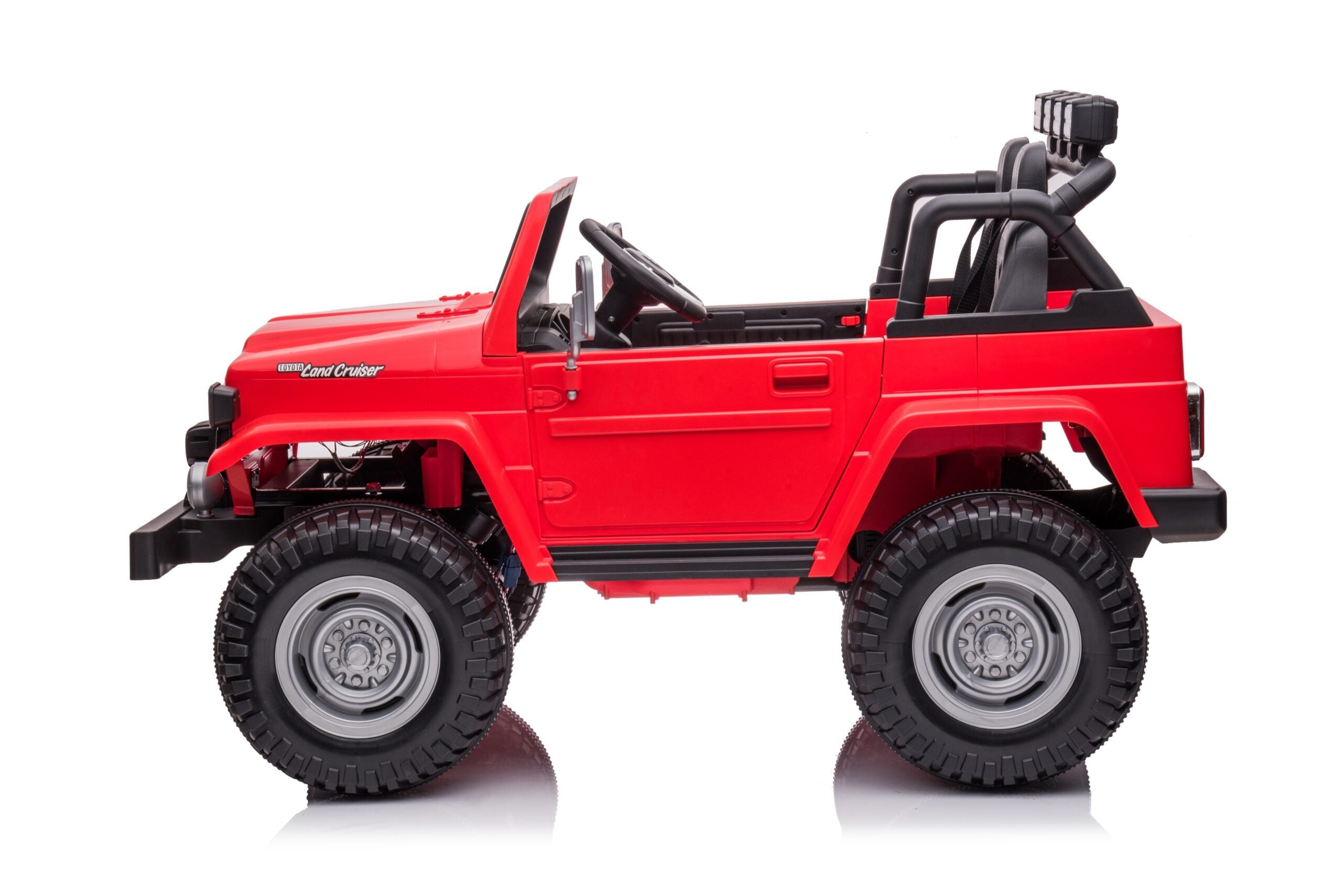Red Licensed Toyota FJ40 LandCruiser 24V kids ride-on SUV with 2 seats and realistic 4WD design on white background