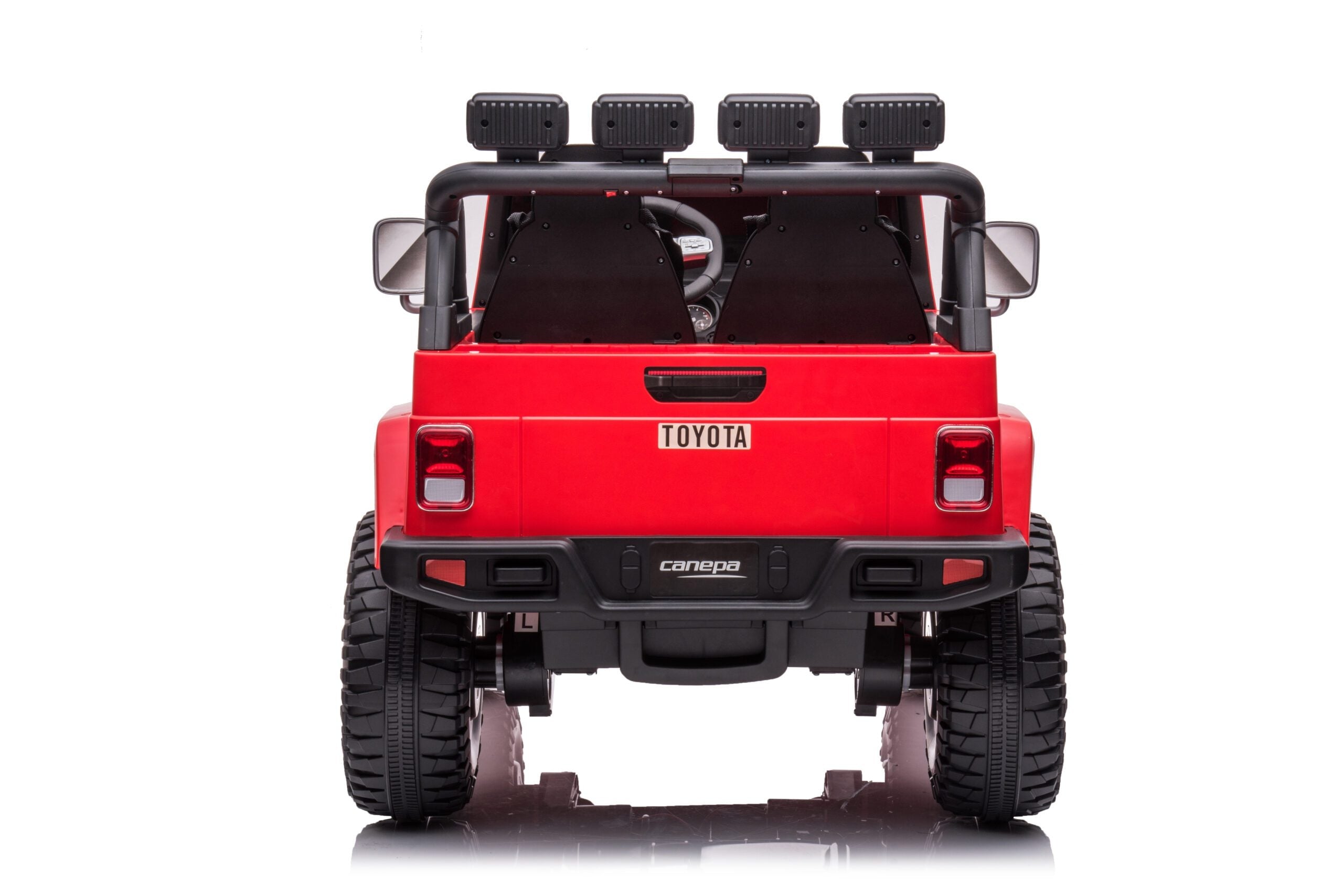 Rear view of red licensed Toyota FJ40 LandCruiser 24V kids ride-on SUV with two seats and rugged tires