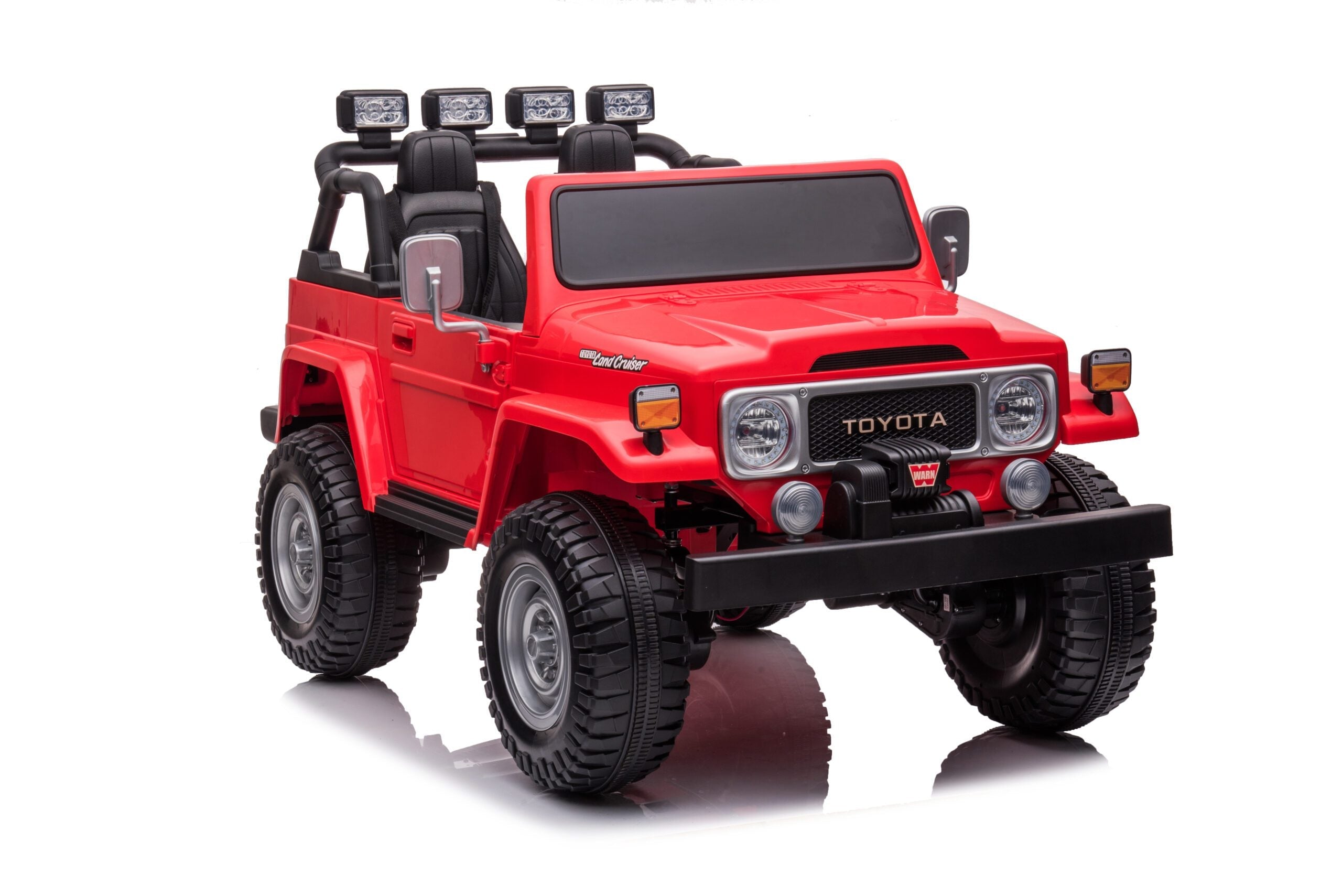 Red licensed Toyota FJ40 LandCruiser kids electric 2-seater ride-on SUV with LED lights and rugged 4WD design