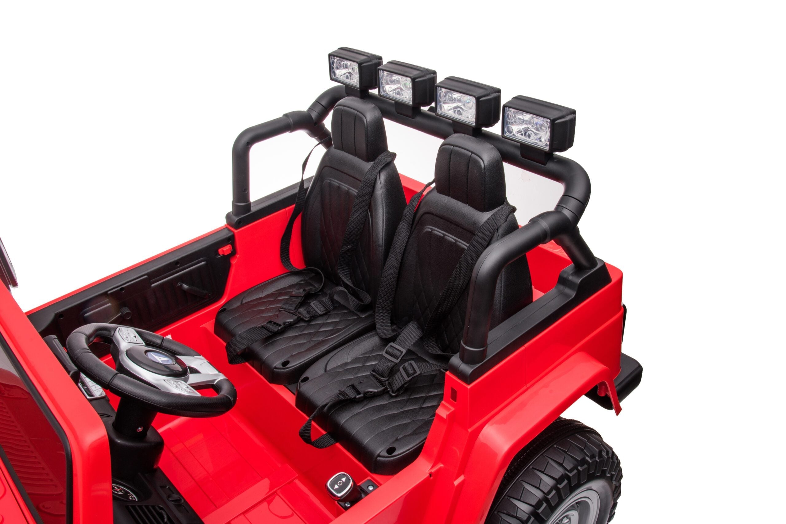 Red Licensed Toyota FJ40 LandCruiser 24V kids ride-on SUV with two black seats and safety belts, off-road lights included