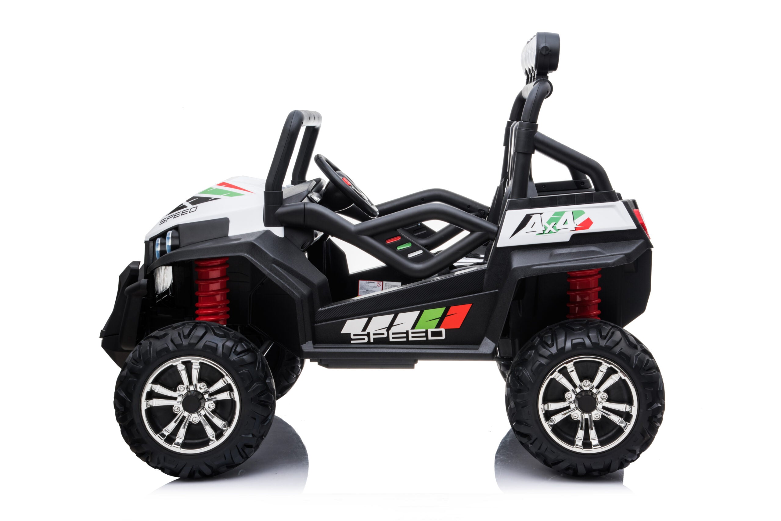 White 24V kids 4WD beach buggy ride-on car with dual seats, EVA wheels, LED lights, and suspension system.