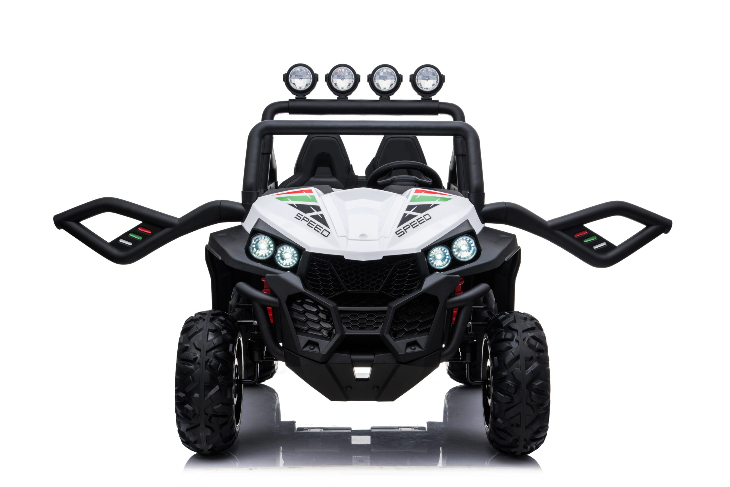 Black and white 24V kids ride-on beach buggy with dual seats, LED headlights, and rugged off-road EVA tires.
