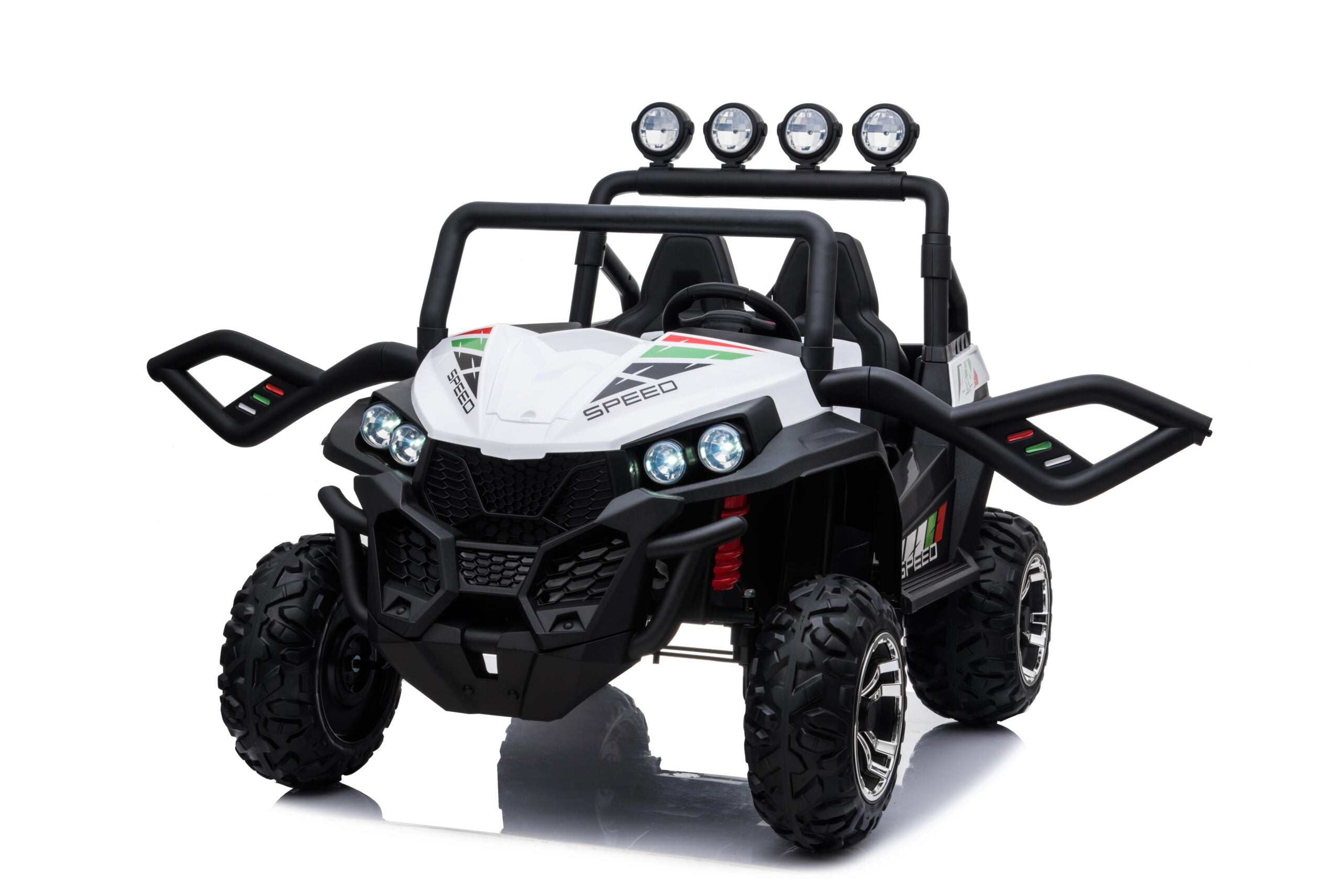 White 24V kids beach buggy ride-on car with dual seats, 4WD, EVA wheels, and LED headlights for ages 3 to 8 years.