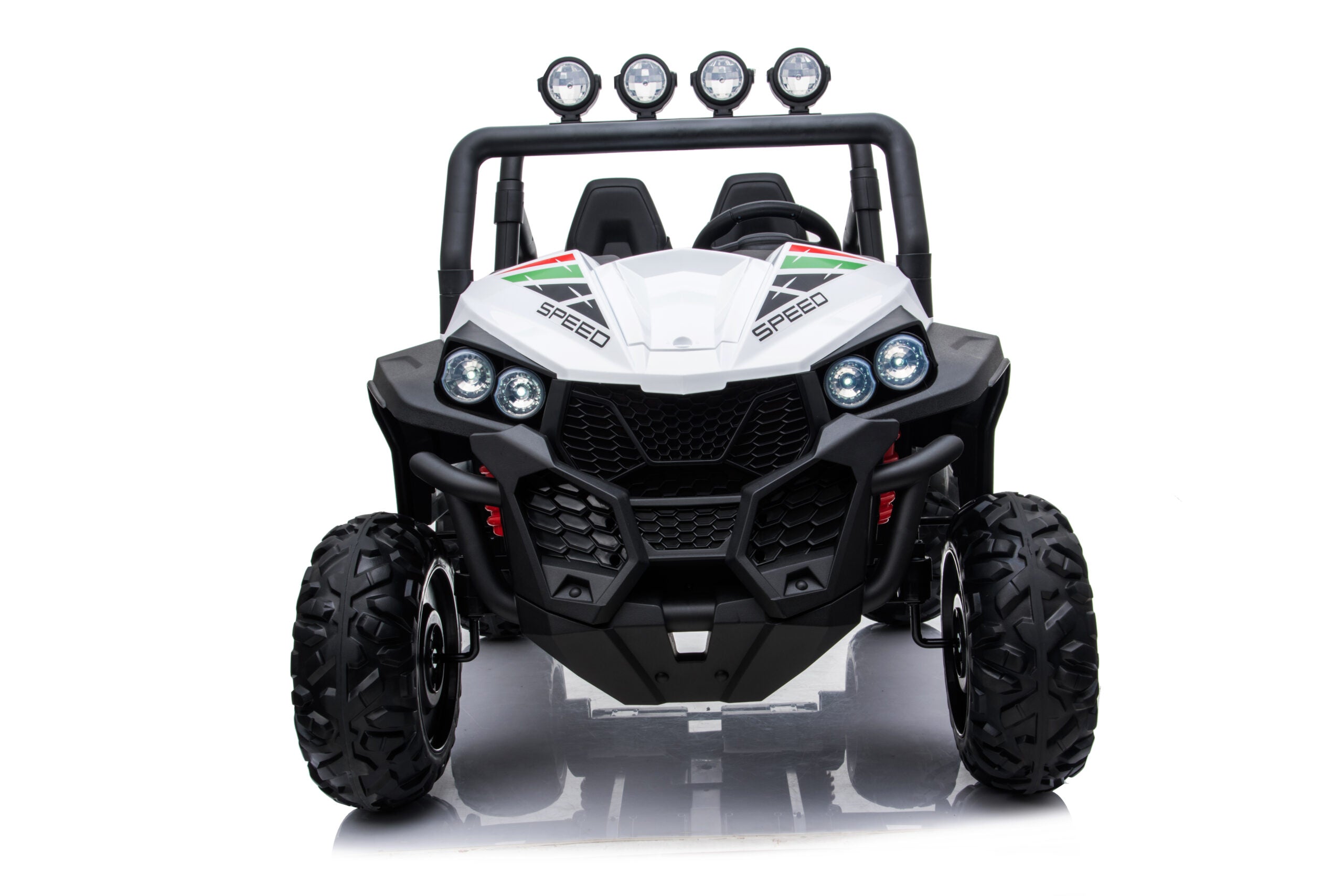 White 24V kids beach buggy ride-on car with four large EVA tires, dual seats, LED lights, and rugged design.