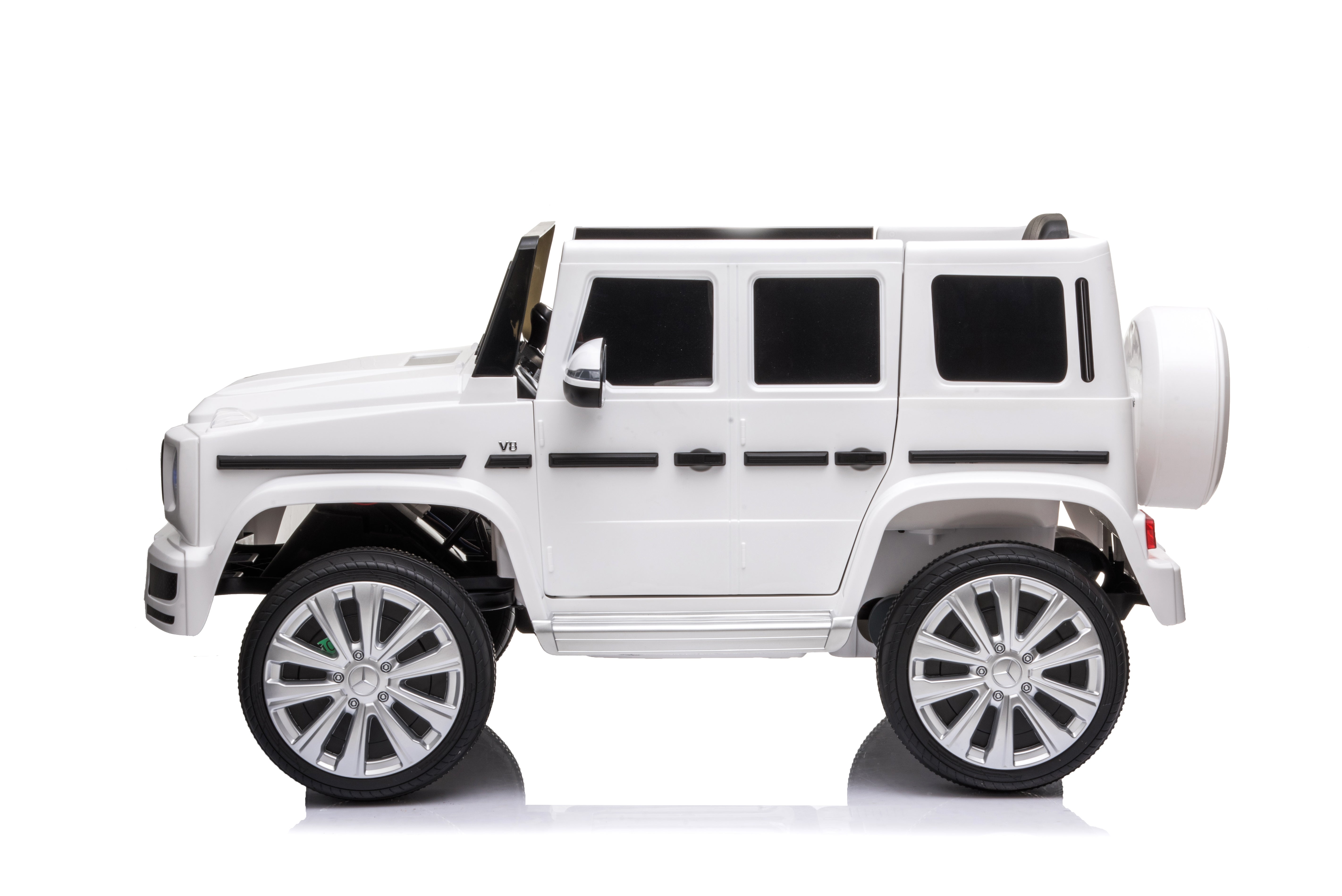 White 12V licensed Mercedes G-Wagon G63 kids electric ride-on car with black windows on a white background