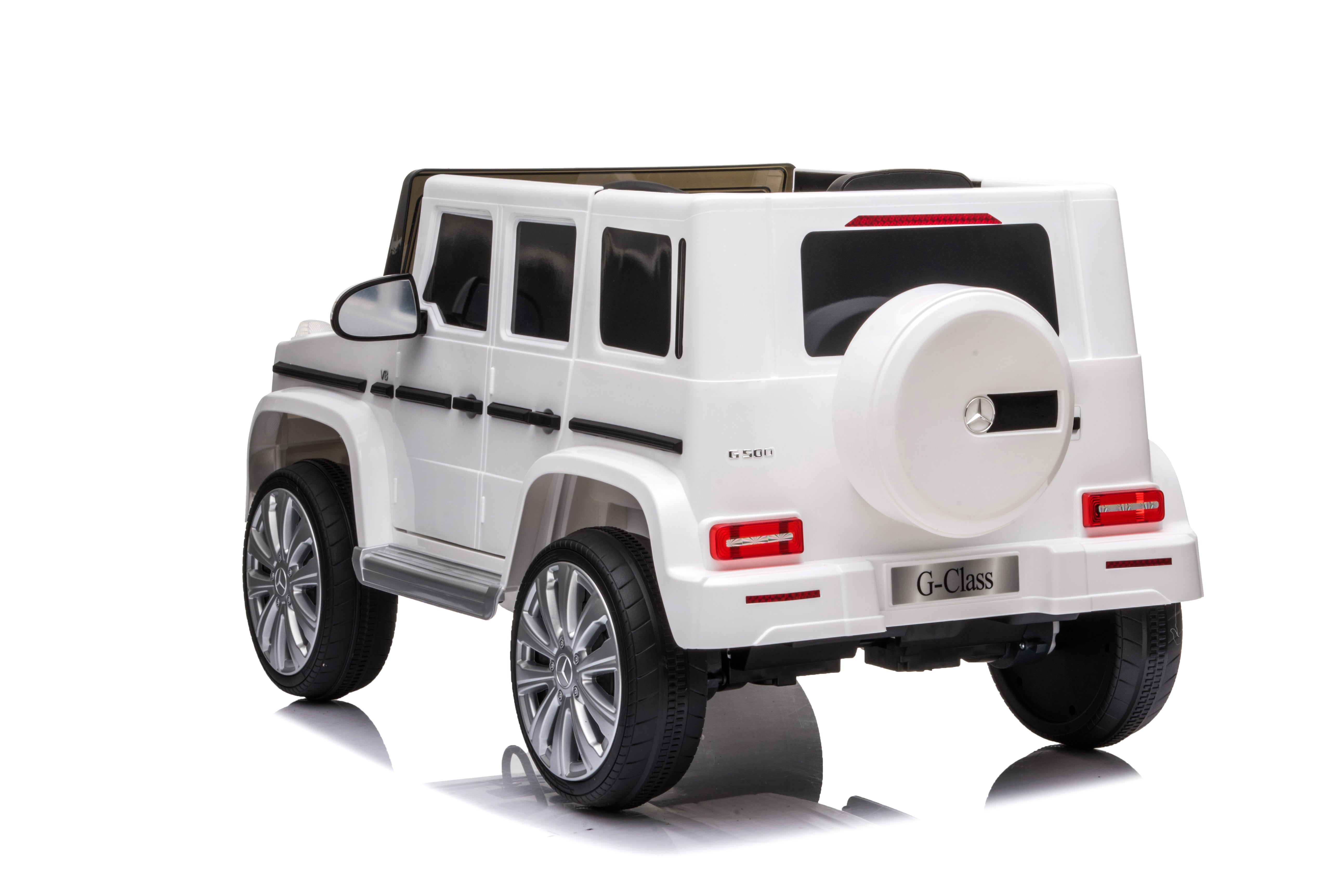 White 12V Mercedes G-Wagon G63 kids electric ride-on car shown from rear angle on white background