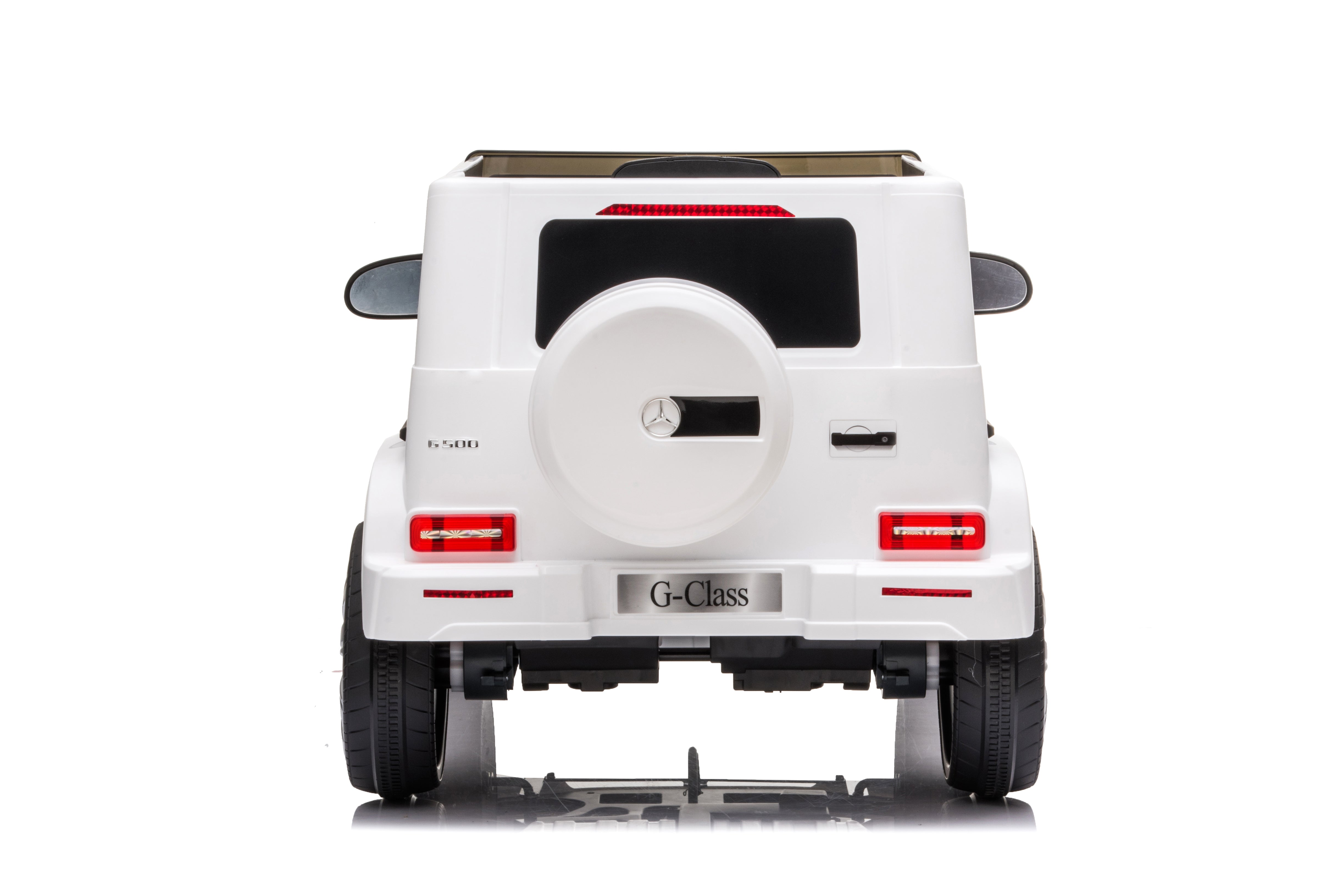 Rear view of a white 12V licensed Mercedes G-Wagon G63 kids electric ride-on car on a white background