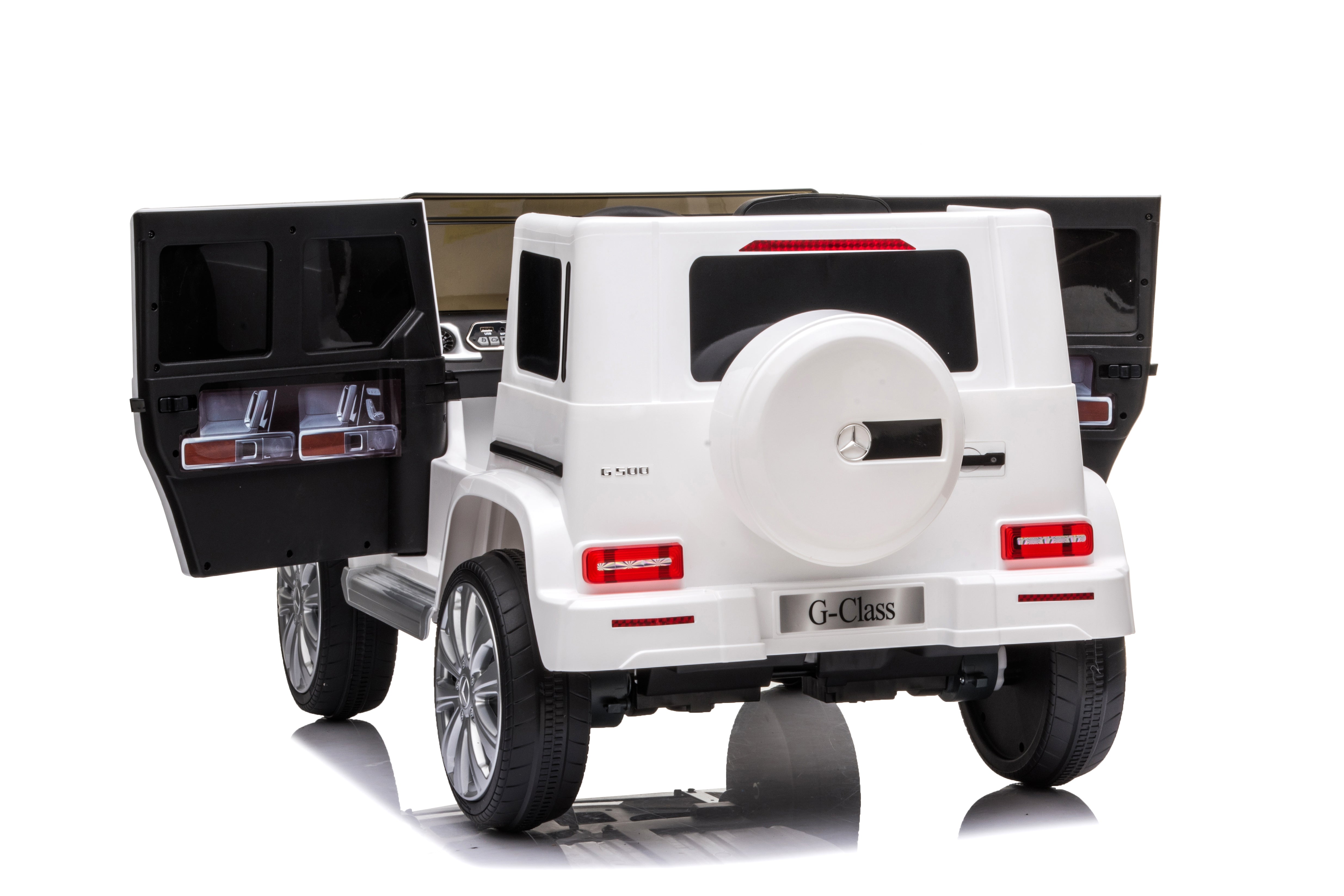 Rear view of white 12V Mercedes G-Wagon G63 kids electric ride-on car with open doors on white background