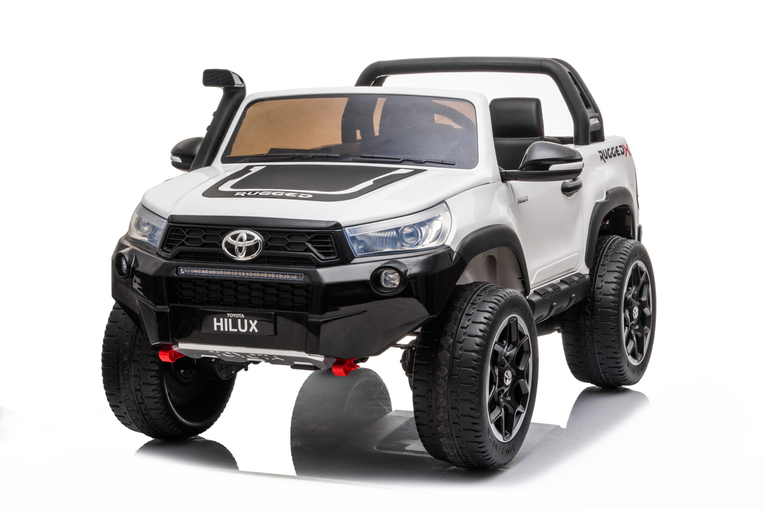 White Licensed Toyota Hilux Rugged 24V Kids Ride-On Car with 4WD, LED lights, and two leather seats