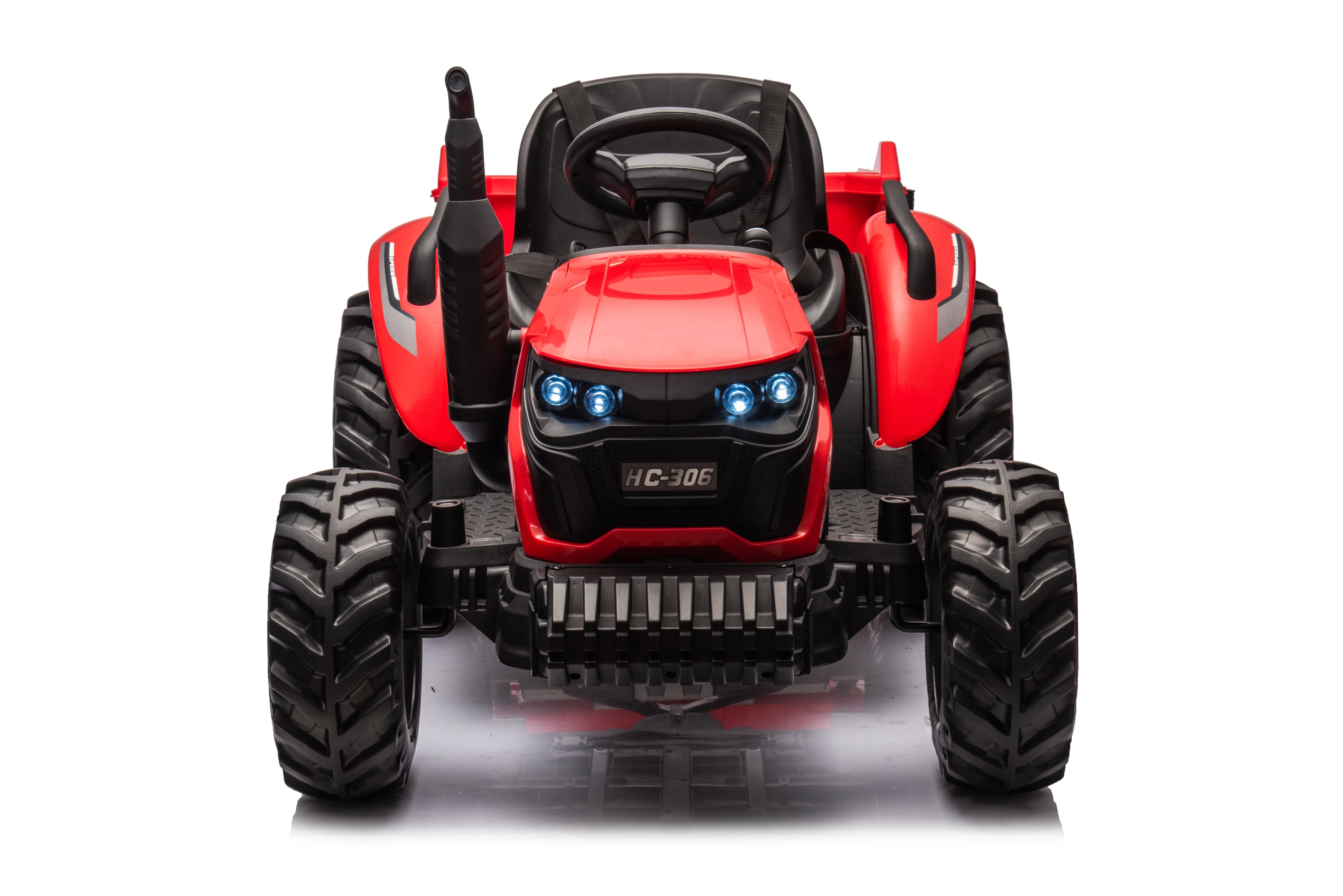 Front view of a red 24V electric kids ride-on tractor with large wheels and LED headlights.