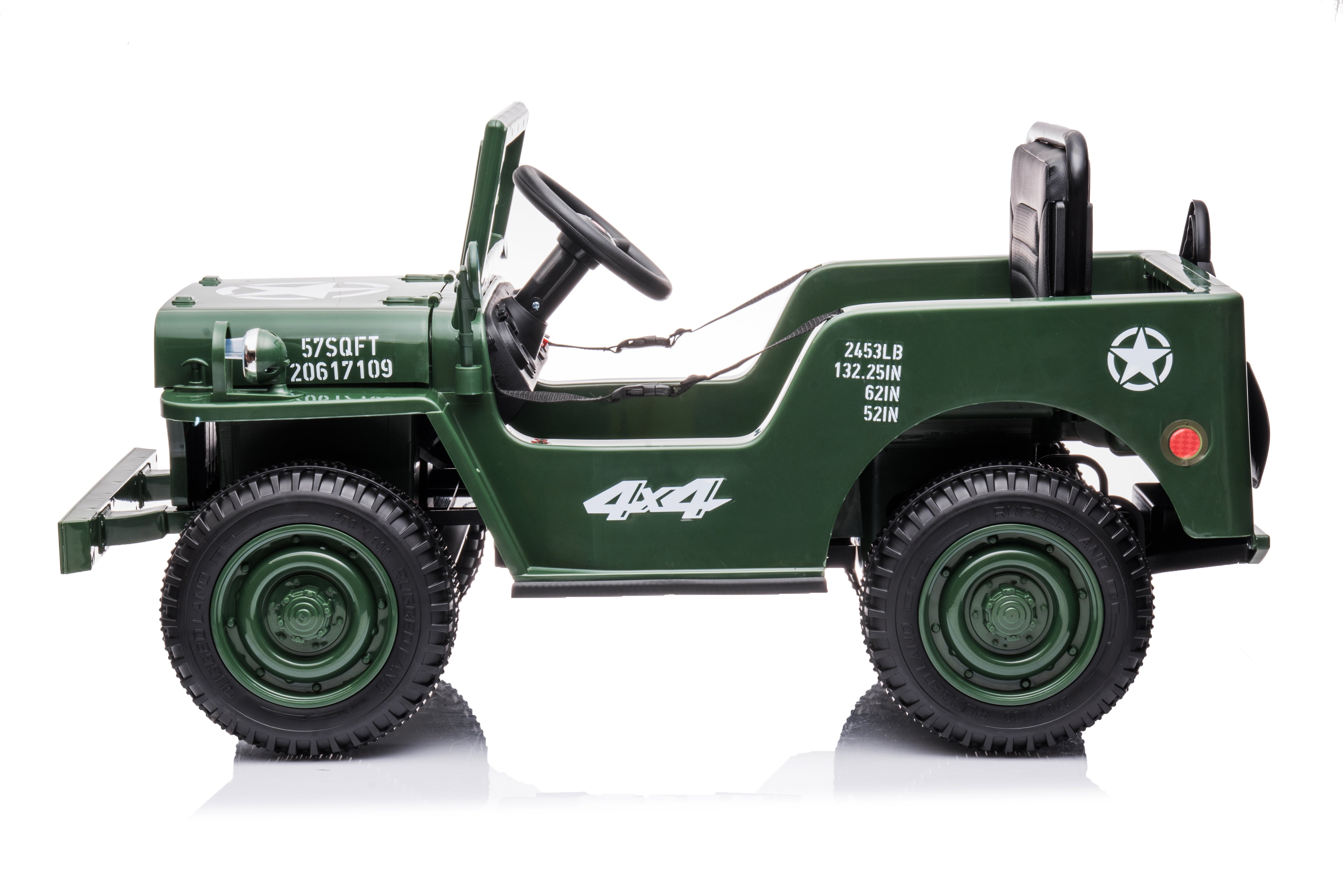 Green 12V kids army jeep ride-on car with 4x4 wheels, single seat, and realistic military off-road design