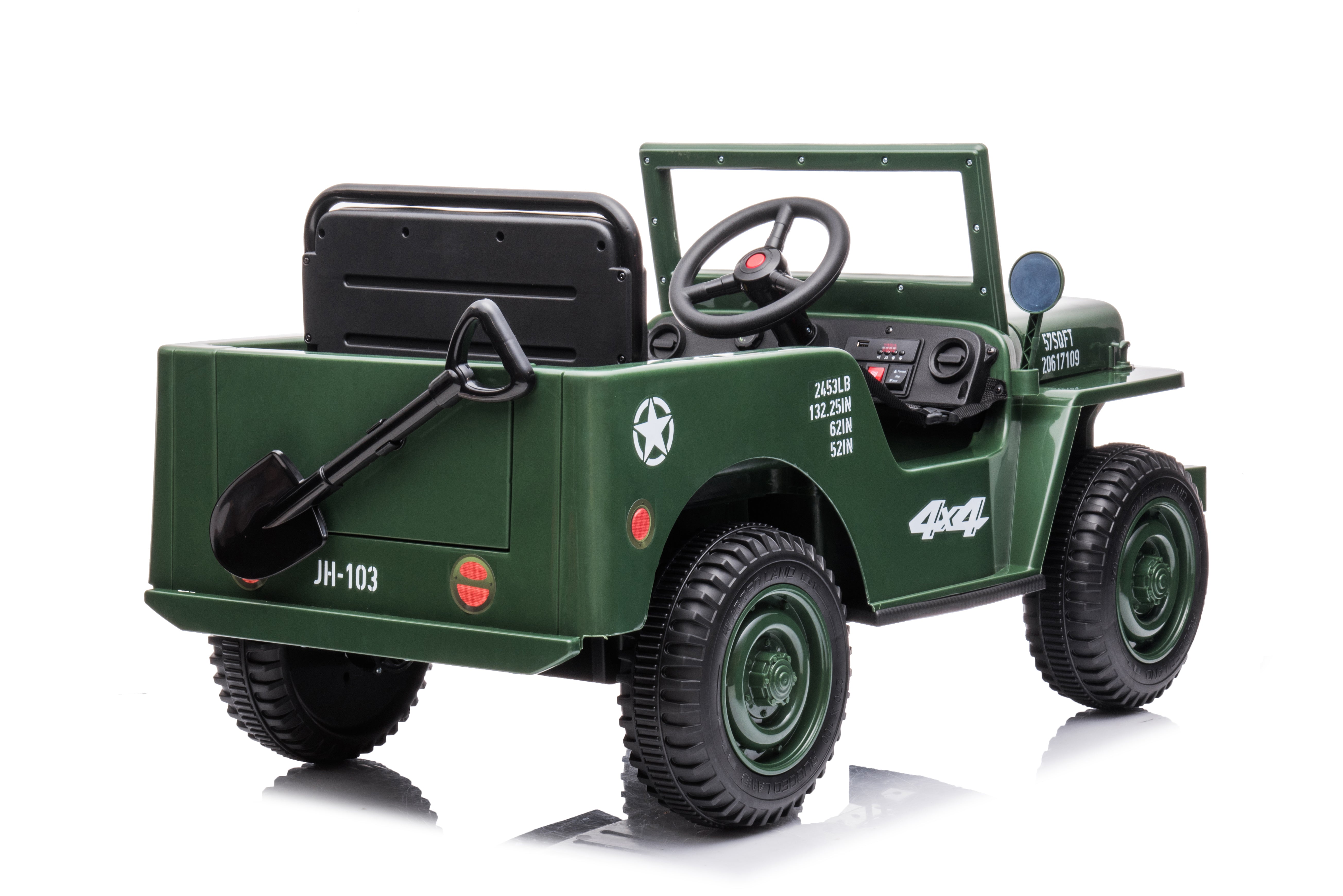 Green 12V kids electric army Jeep Willy ride-on car with 4x4 wheels, realistic dashboard, and shovel accessory.