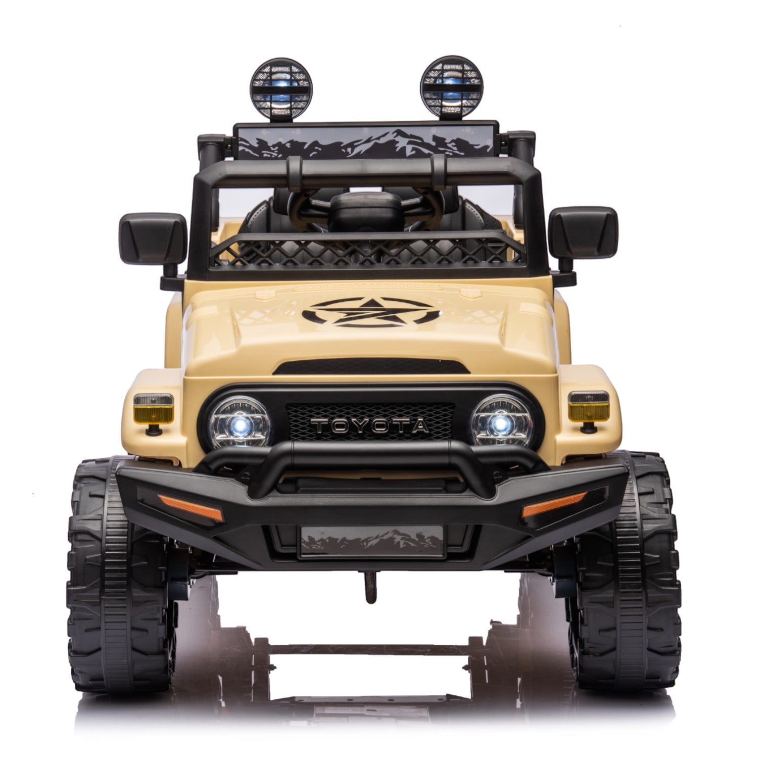 Front view of a beige Toyota FJ Cruiser licensed 12V electric ride-on toy car for kids with LED headlights and off-road design