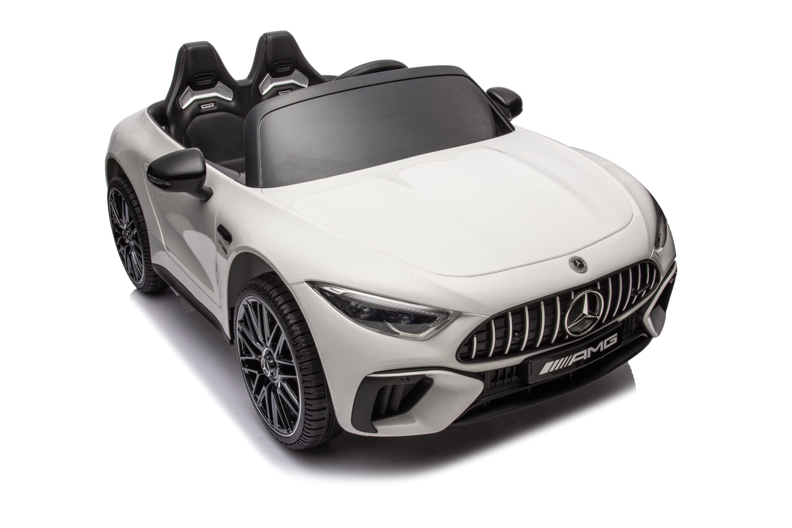 White licensed Mercedes-Benz SL63 12V two-seater kids ride-on car with realistic design and remote control.
