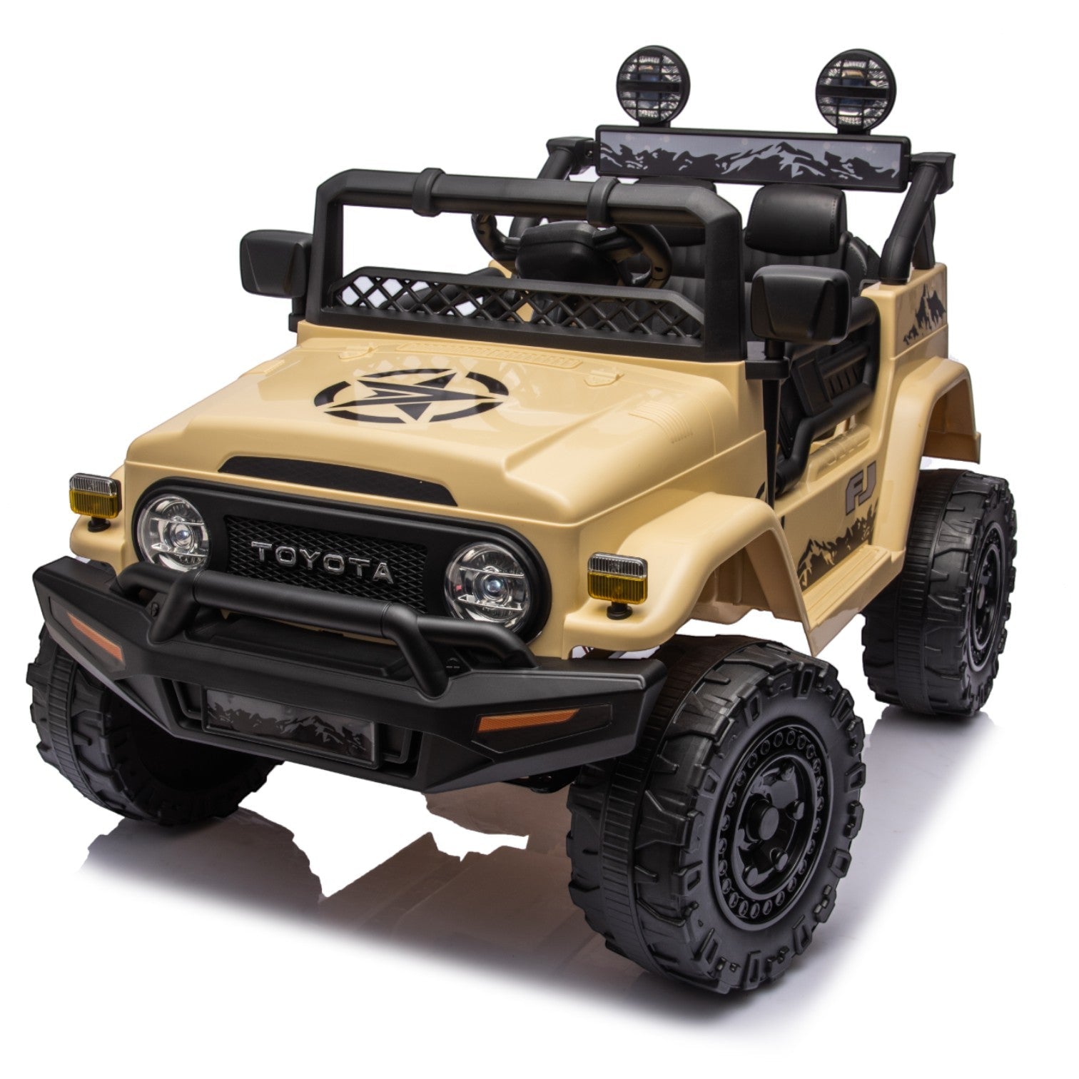 Beige Toyota FJ Cruiser licensed 12v electric ride-on toy car for kids with rugged off-road design and working headlights