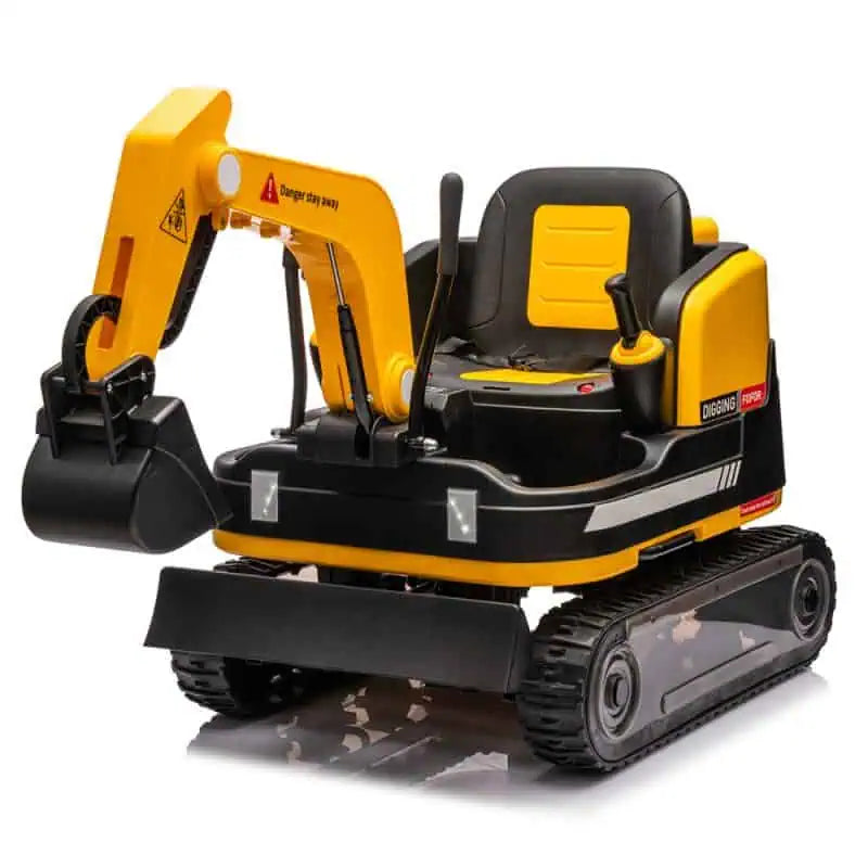 Yellow 24V kids ride-on excavator digger with manual arm, dual motors, seat belt, and durable tracks for outdoor play.