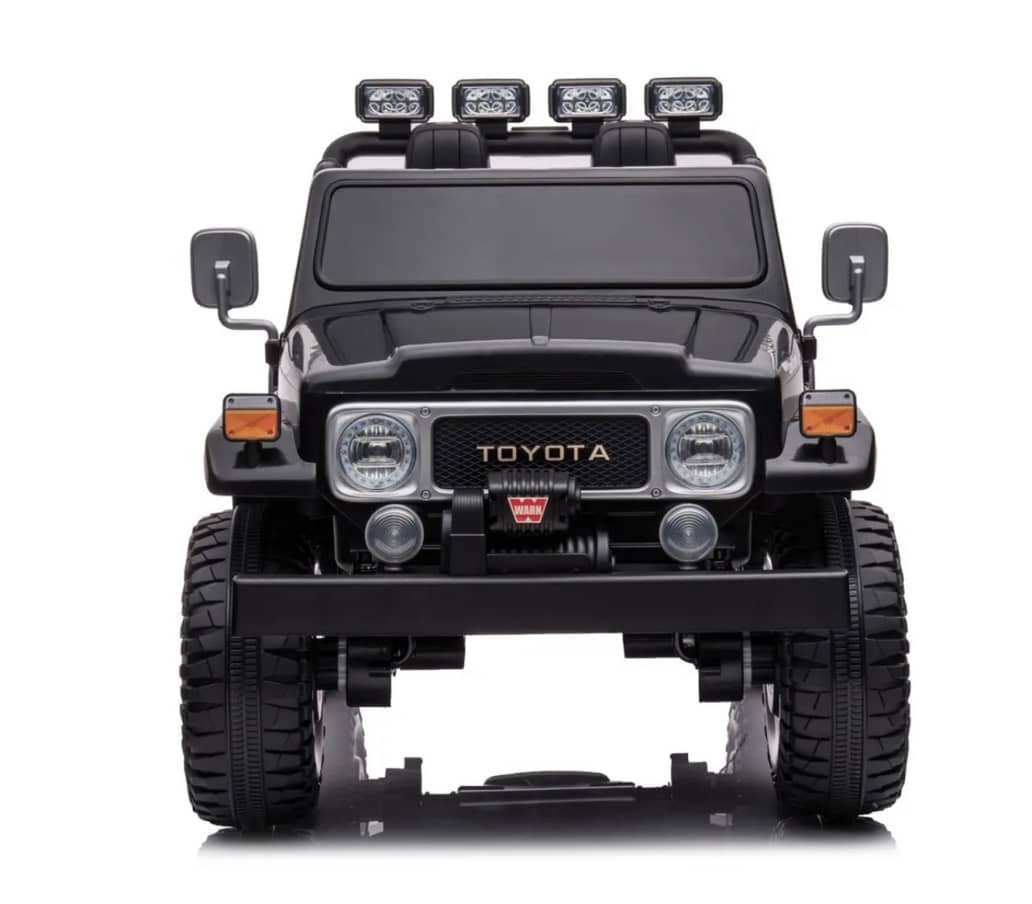 Front view of a black Licensed Toyota FJ-40 24V 4WD kids ride-on SUV with off-road design features.
