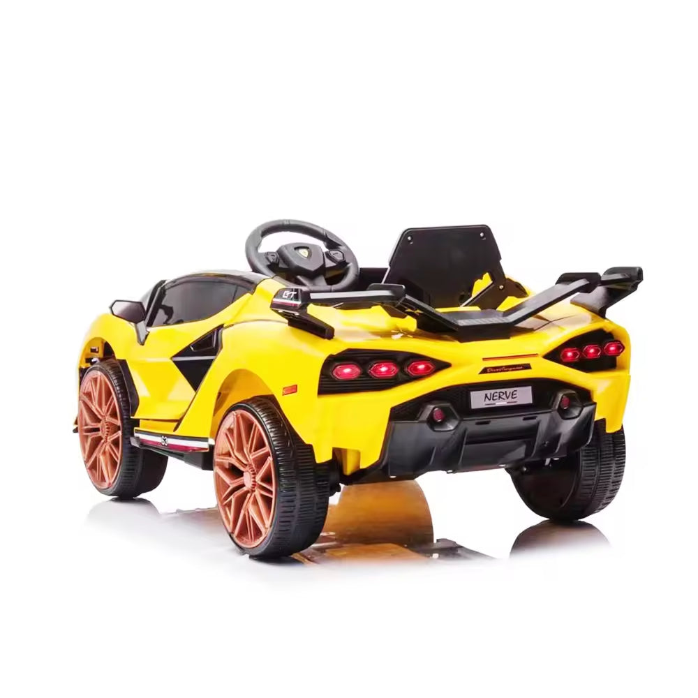 Yellow 12V Lamborghini-inspired kids ride-on car with black seat and orange wheels on a white background