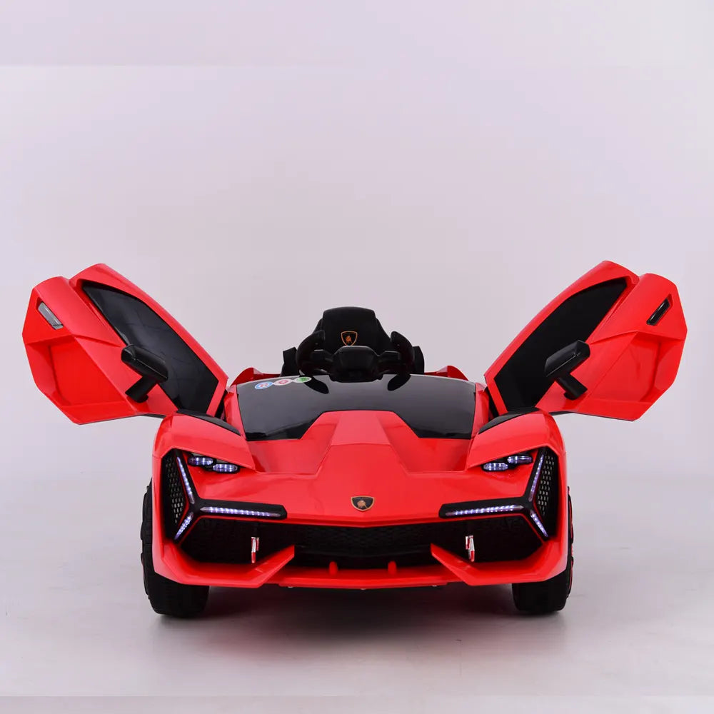 Red 12V Lamborghini kids ride-on car with scissor doors open, single seat and detailed sports car design.