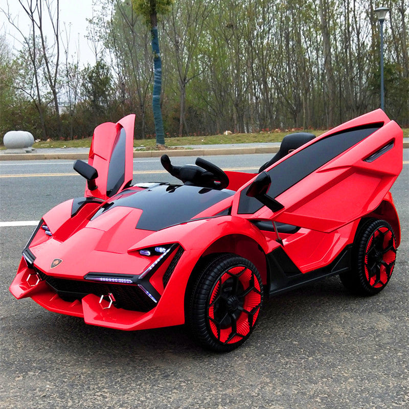 Red 12V Lamborghini kids ride-on car with scissor doors open, sporty design, and single seat for children aged 3 and up.