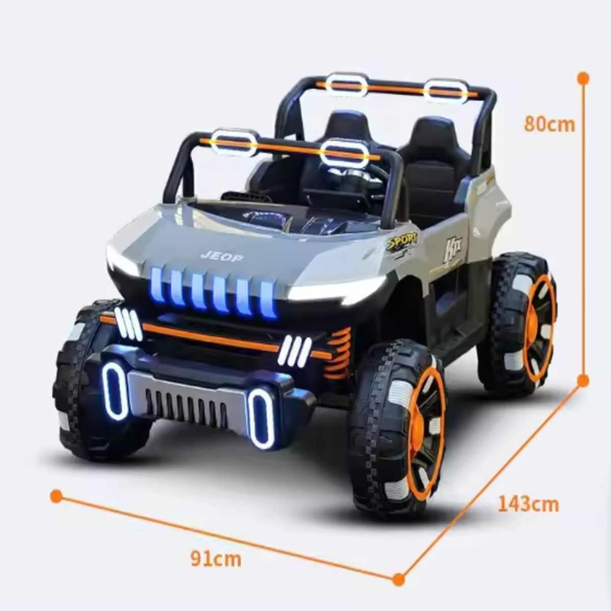 Black and orange 2-seater kids UTV ride-on buggy with large wheels and LED lights showing dimensions