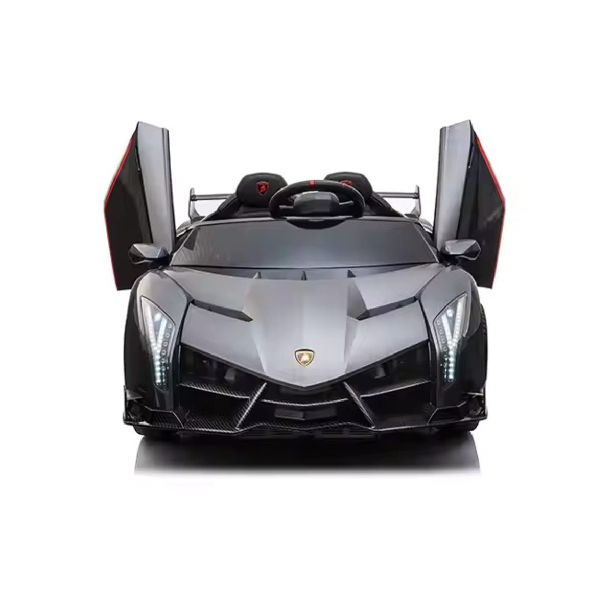 Silver Lamborghini Veneno 12V kids ride-on car with scissor doors, LED lights, and remote control for ages 3 to 7 years.